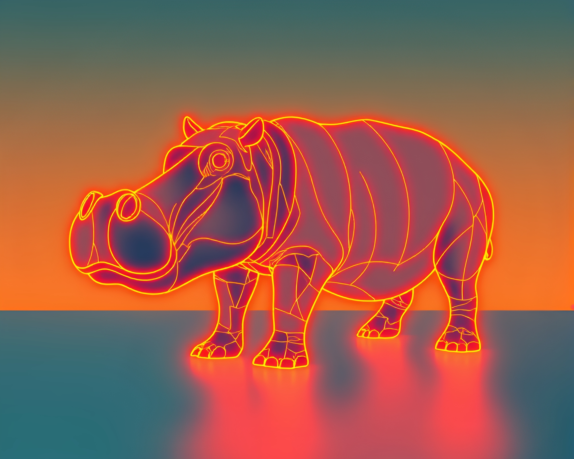 Neon Wireframe Hippopotamus at Sunset – free AI stock image