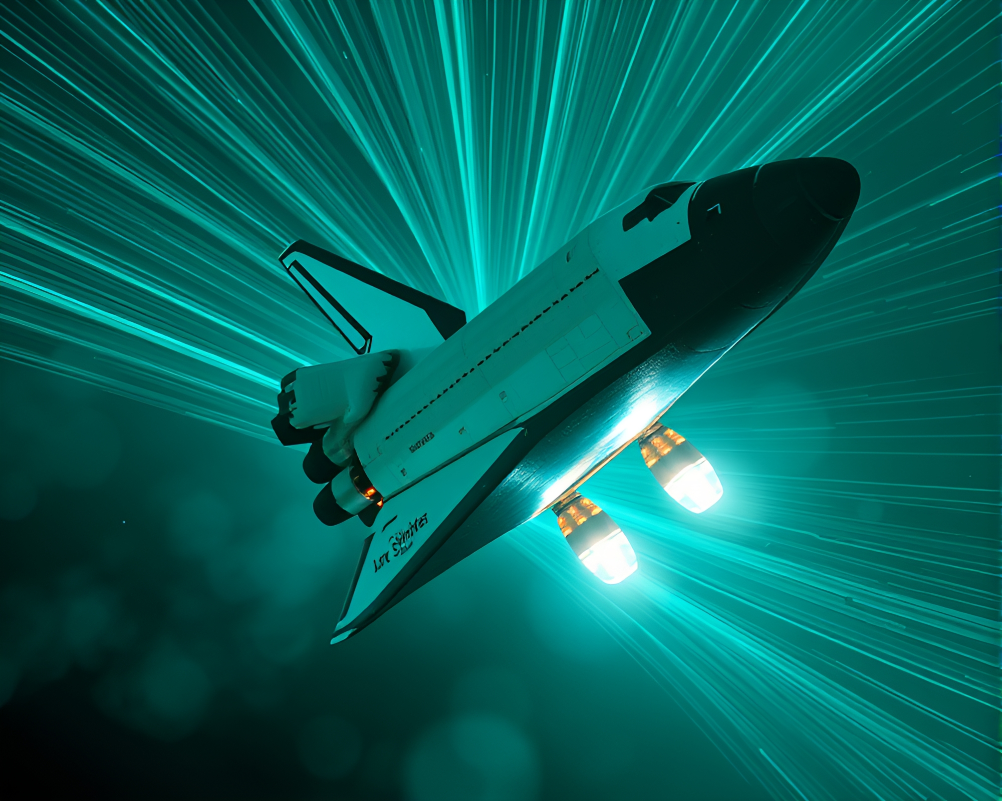Teal Fiber Optic Space Shuttle Calligraphy Art – free AI stock image