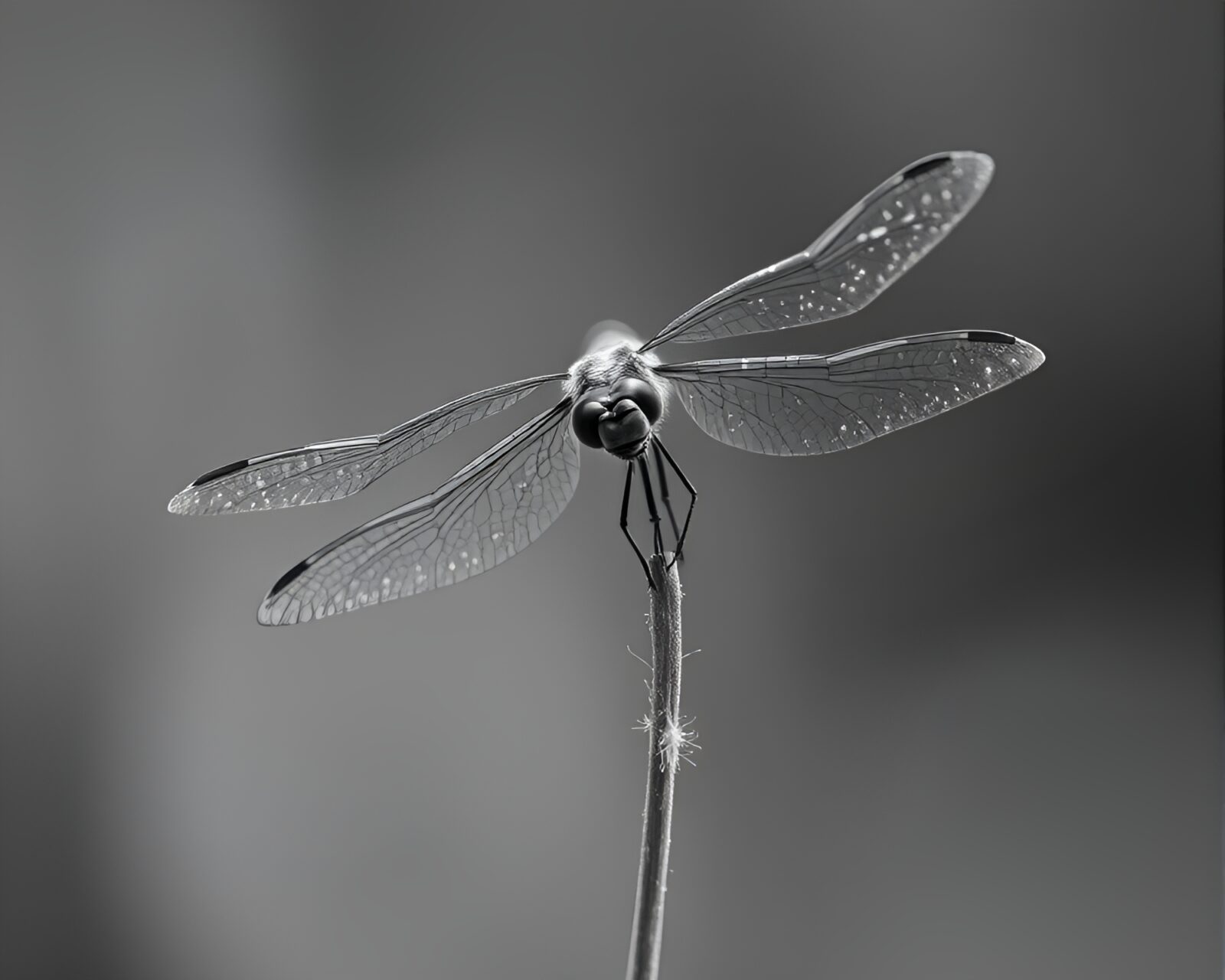 Tilt-shift photo of a dragonfly among feathers under lunar light