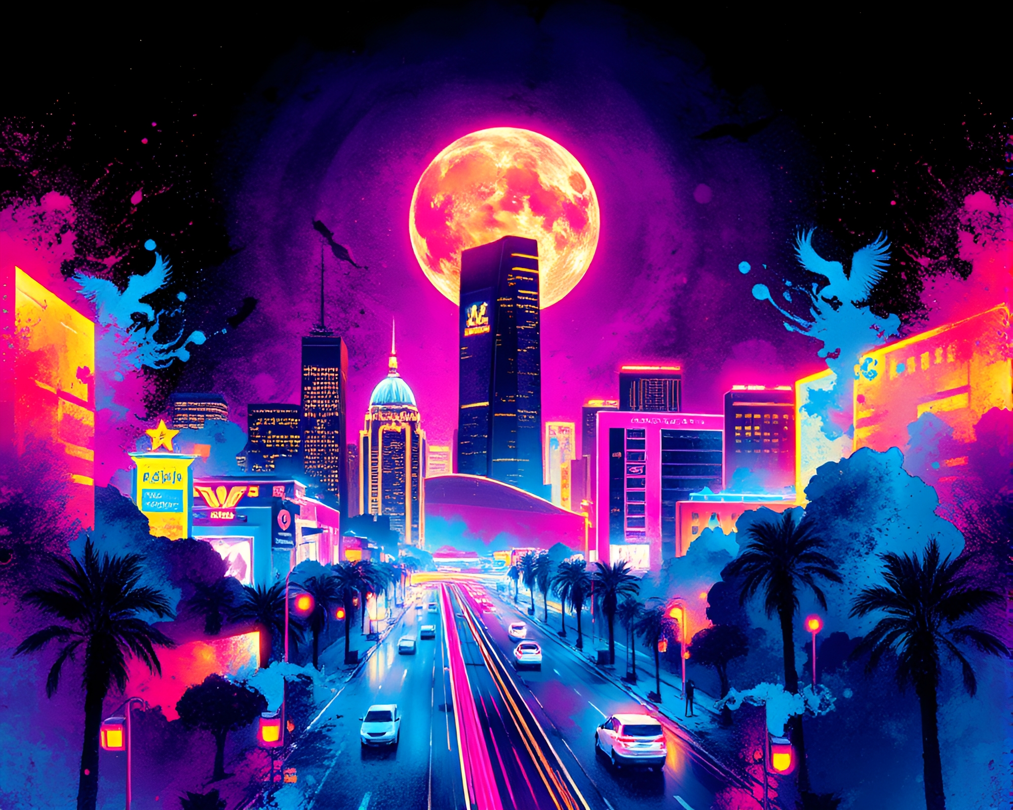 Neon Phoenix Rises from Ink Splashes Fantasy Illustration – free AI stock image