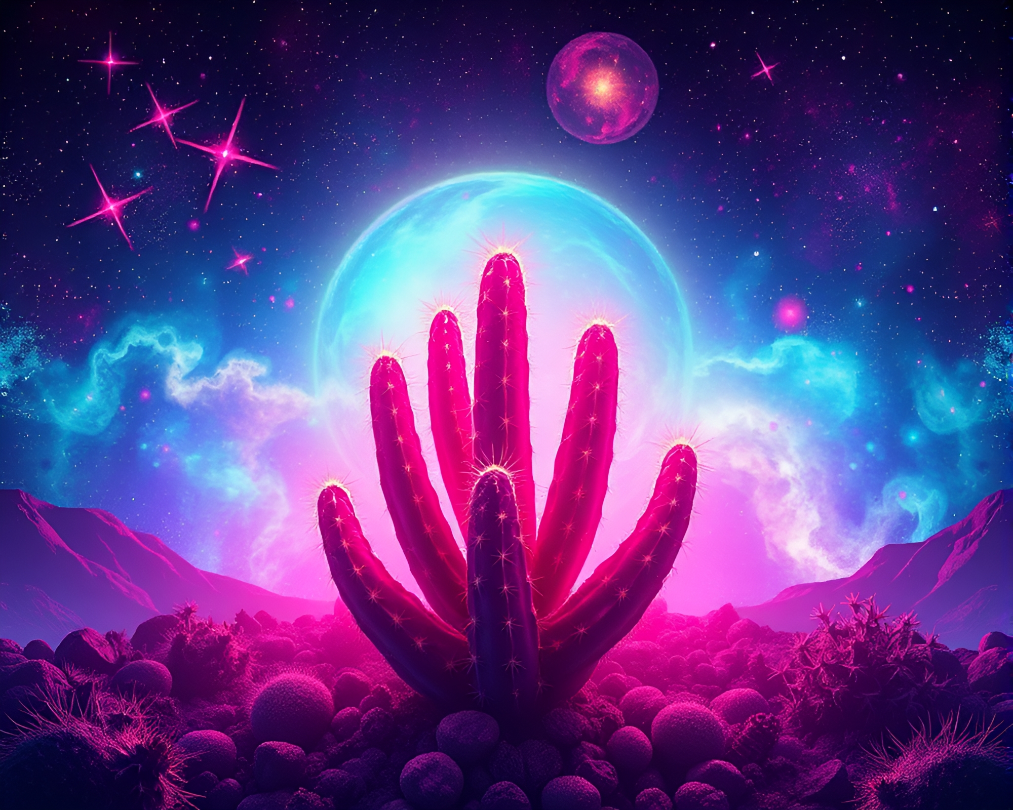 Maximalist Neon Cactus in Cosmic Nebula Hues – free AI stock image