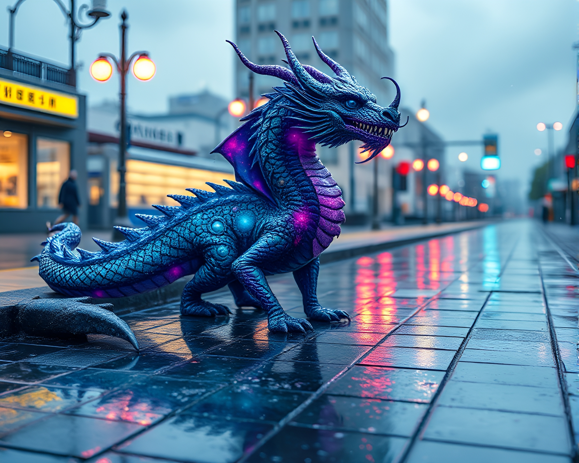 Celestial Dragon in 3D Galactic Scene with Wet Pavement – free AI stock image