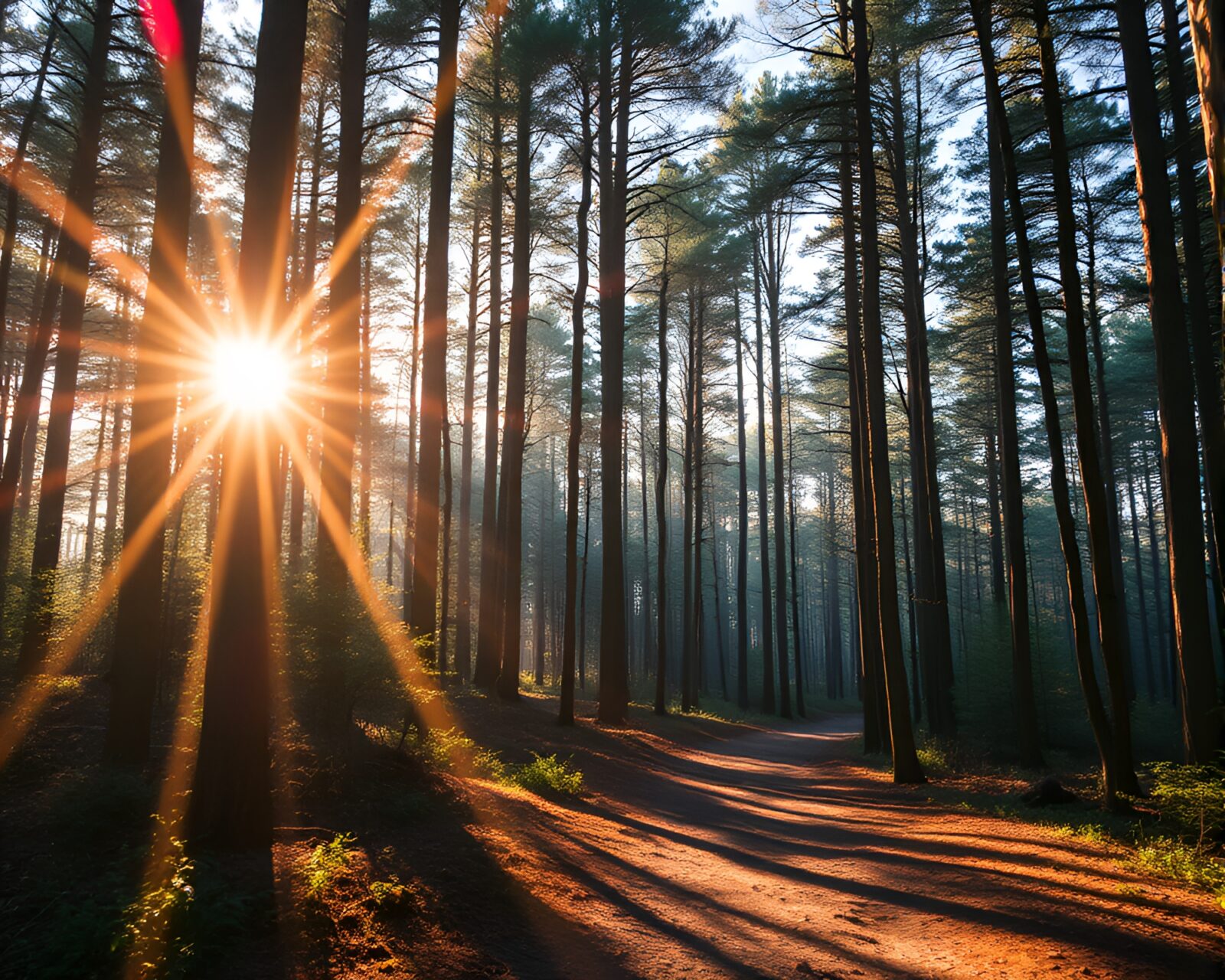 Mystical forest illuminated by sun glares and stardust