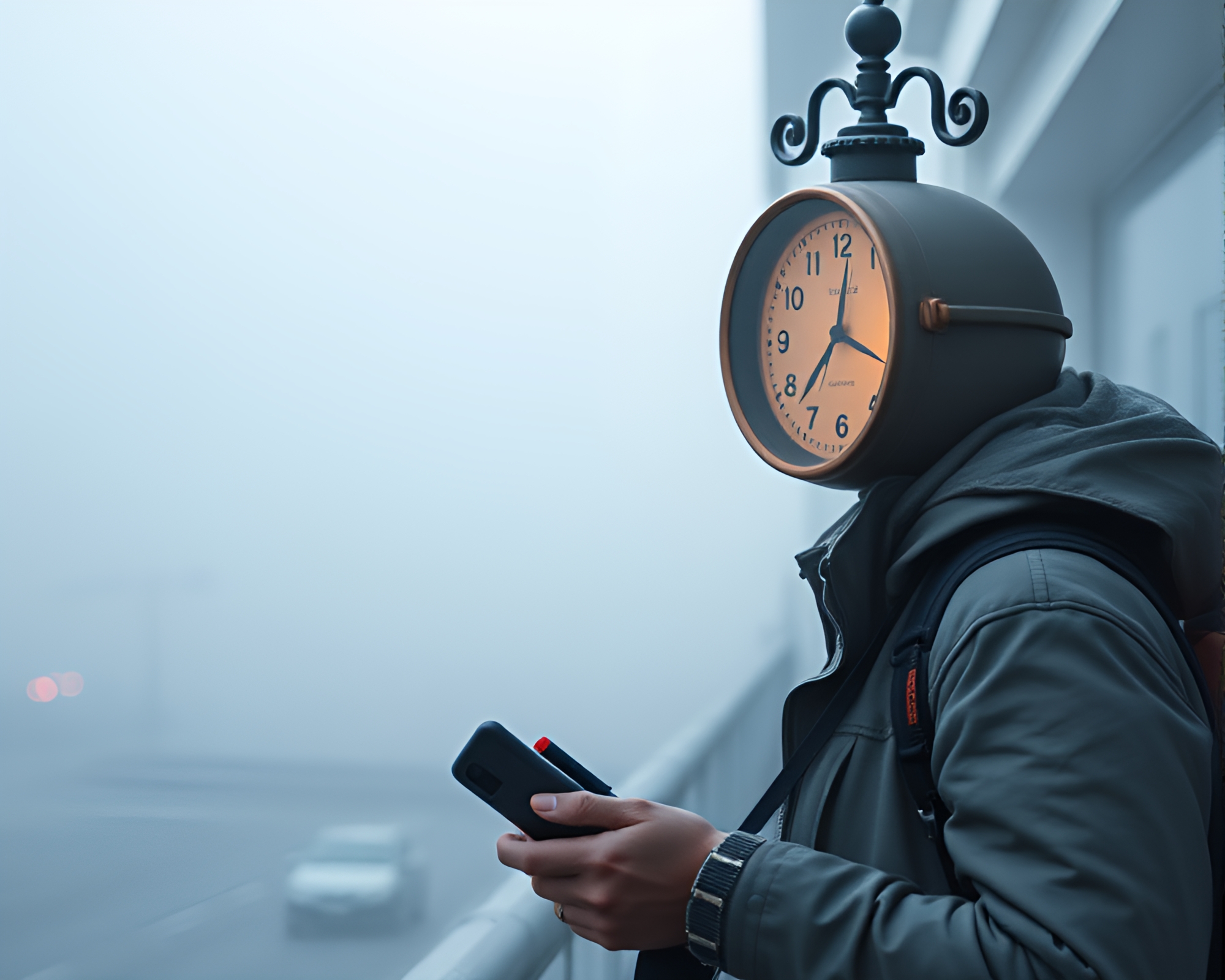 Vibrant Time Traveler Lost in Mystical Fog Vignette – free AI stock image