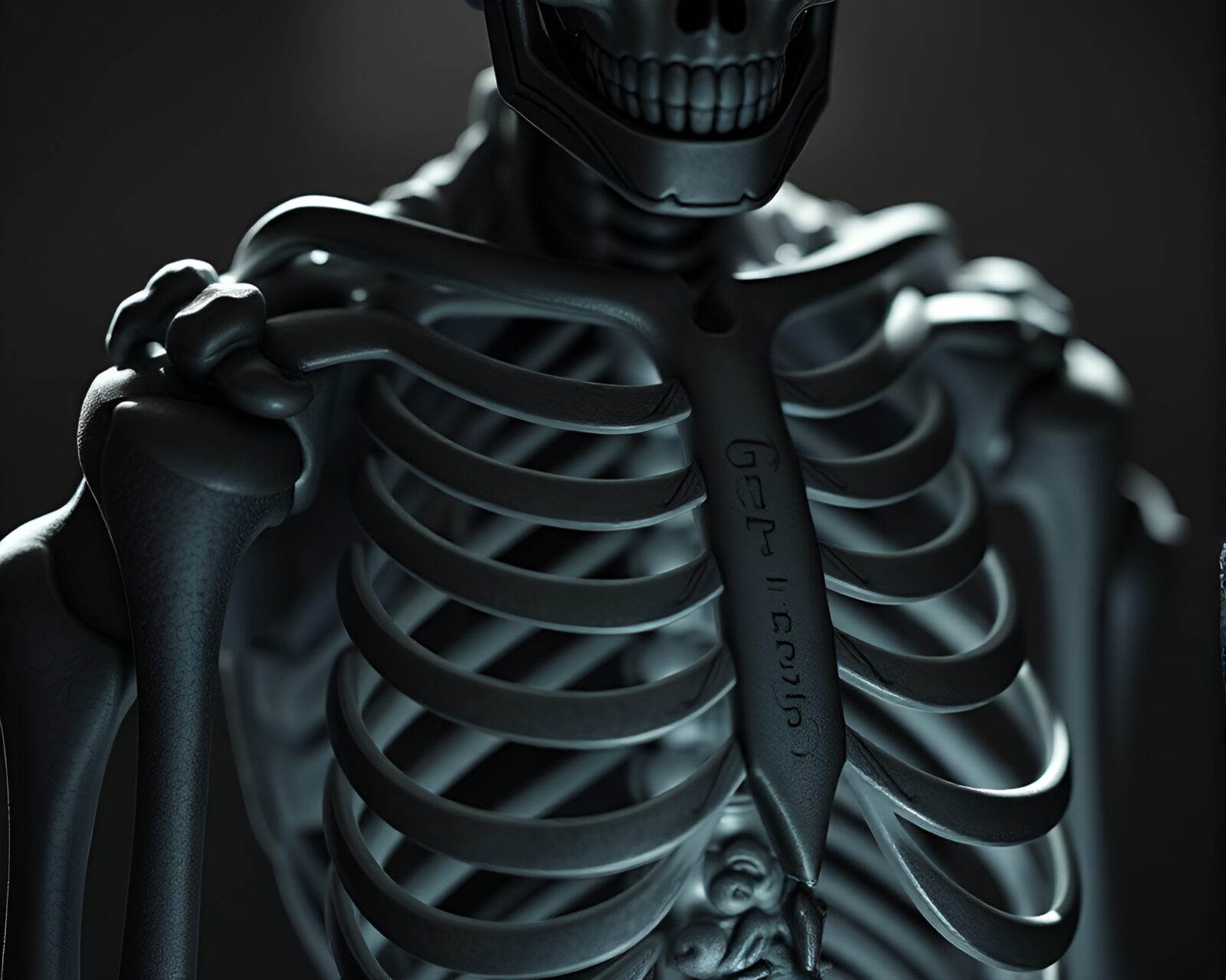 Detailed engraving of a necromantic exoskeleton suit close-up