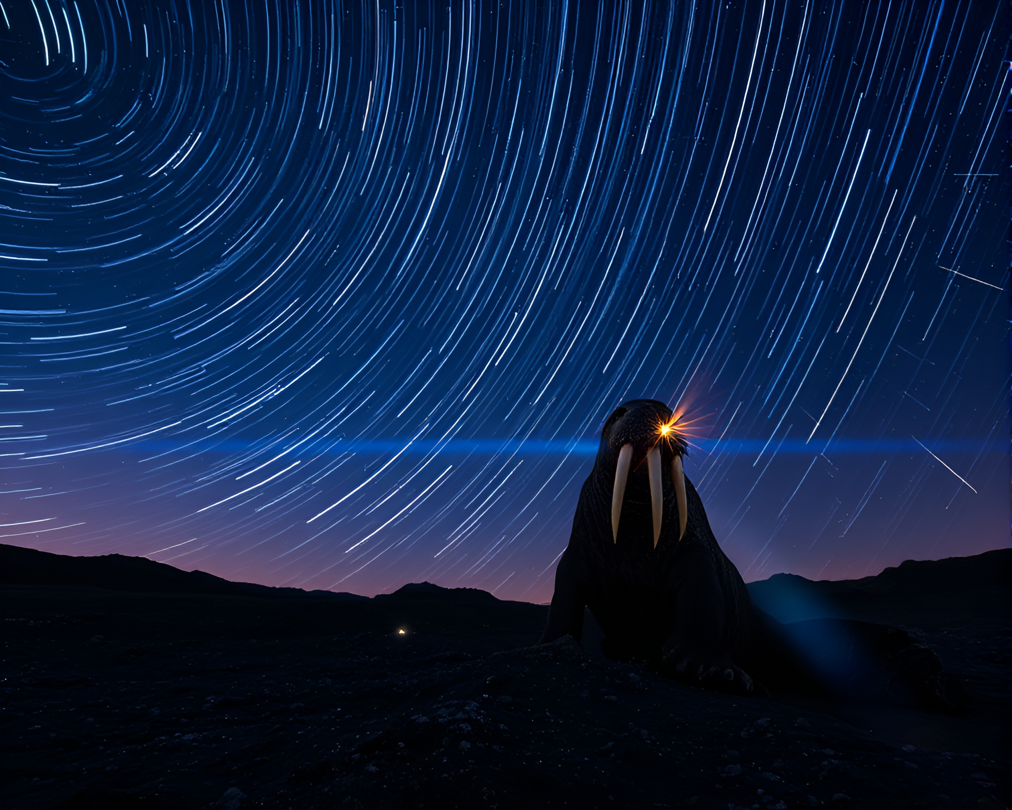 Mesmerizing Star Trails Surround Glittery Walrus Under Lens Flare – free AI stock image