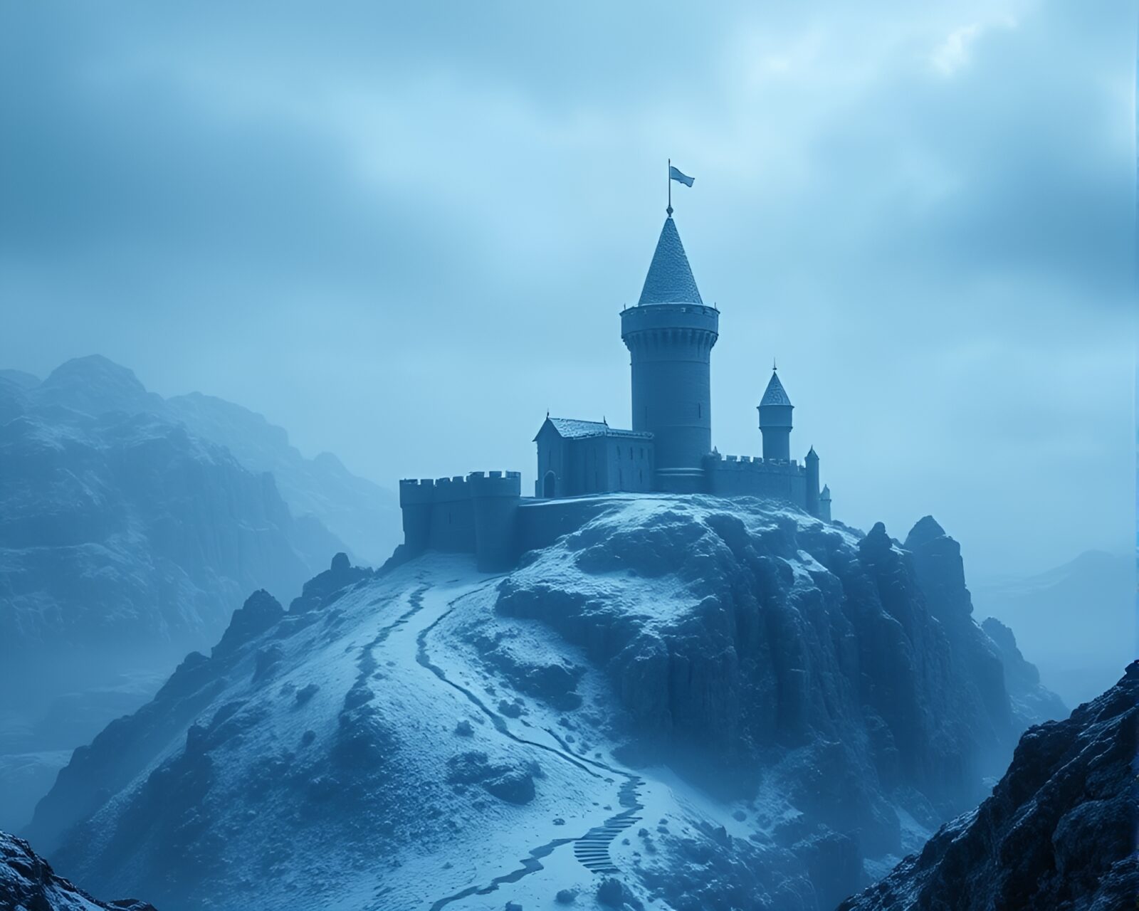 Ethereal castle ruins surrounded by icy blue mist