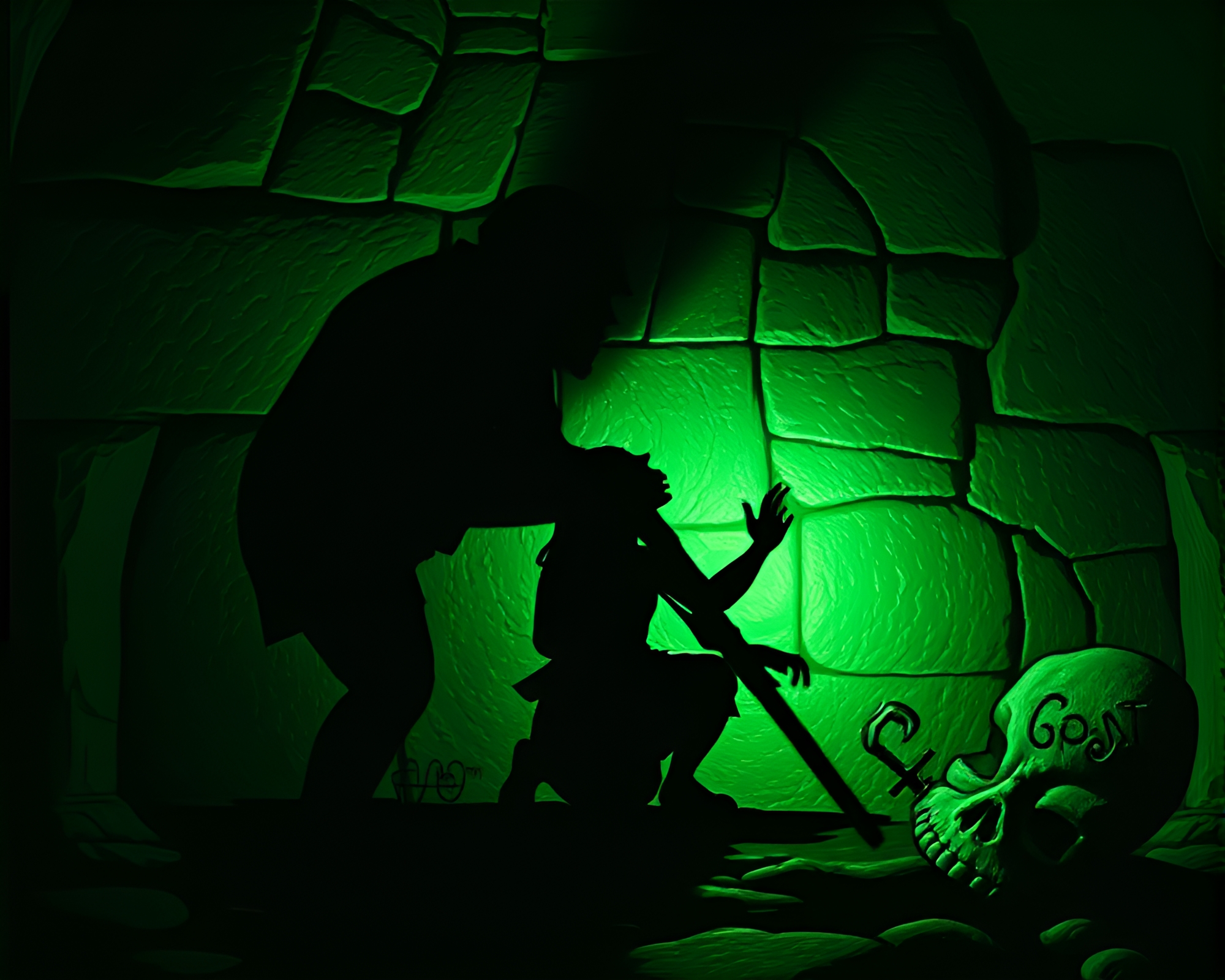Monochrome Green Shadow Play: Engraved Golem Emerges – free AI stock image