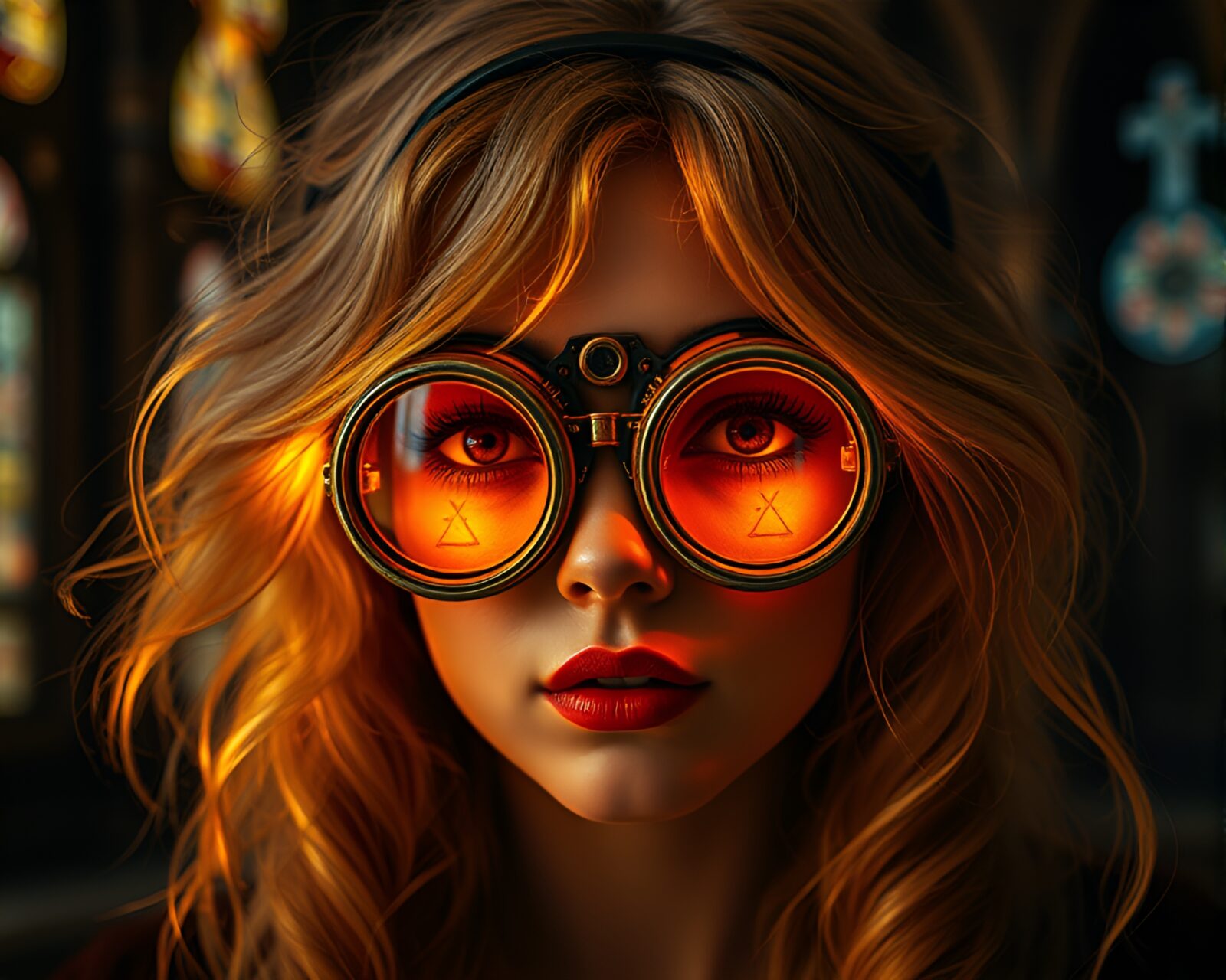 Elegant steampunk goggles with golden highlights in cathedral light