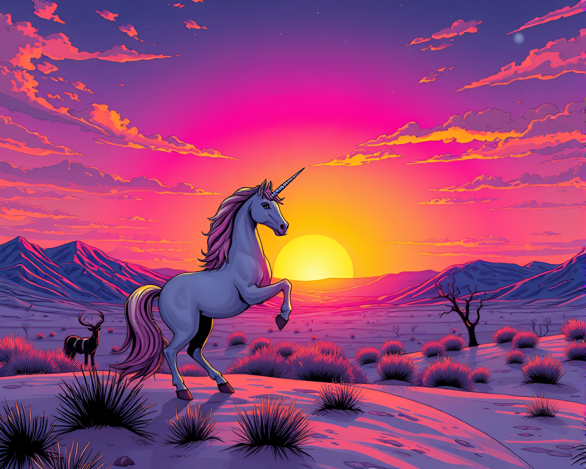 Unicorn Rainbow Refraction at Desert Sunset – free AI stock image