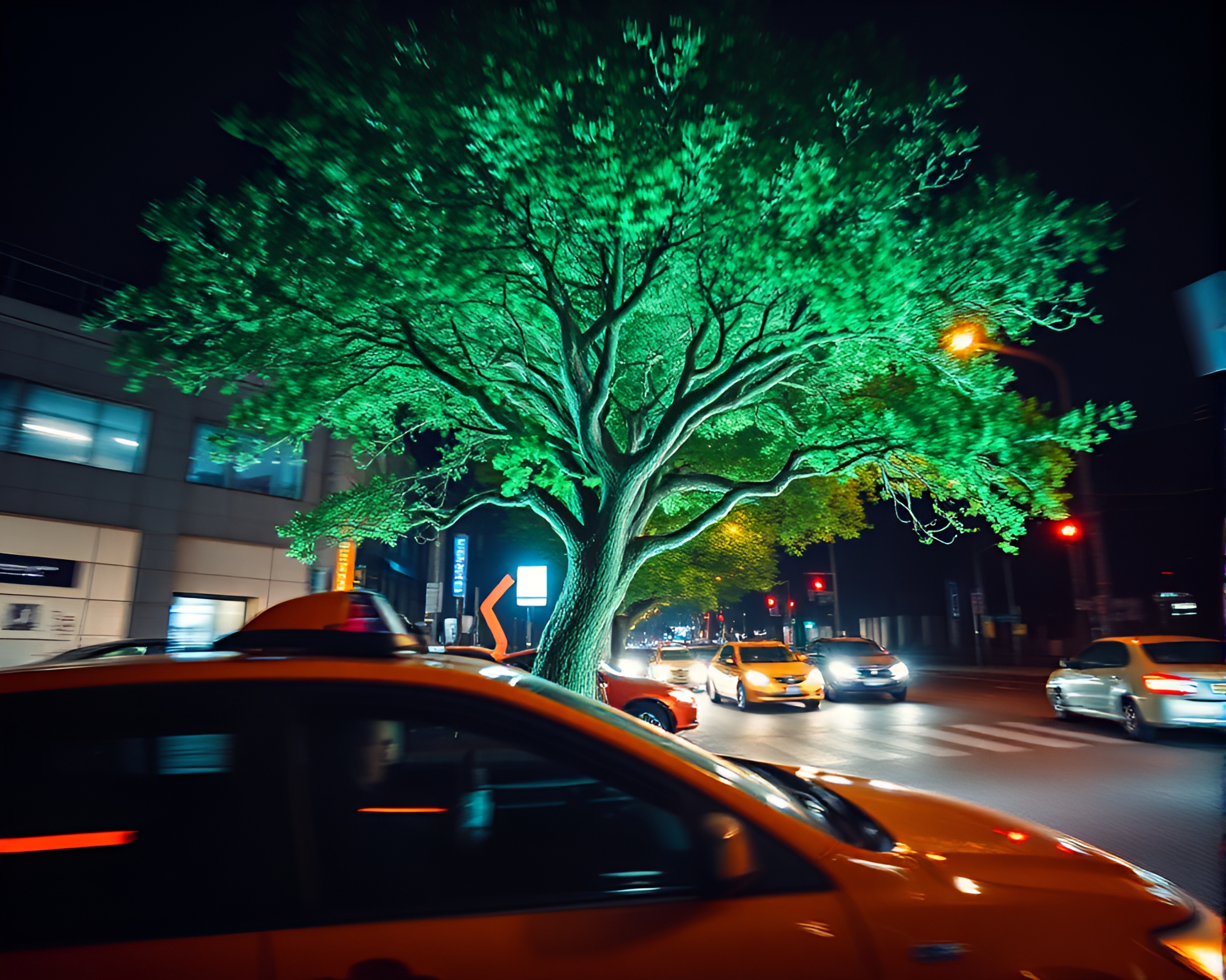 Vaporwave Ancient Tree Towering over Taxi Blur Streak – free AI stock image