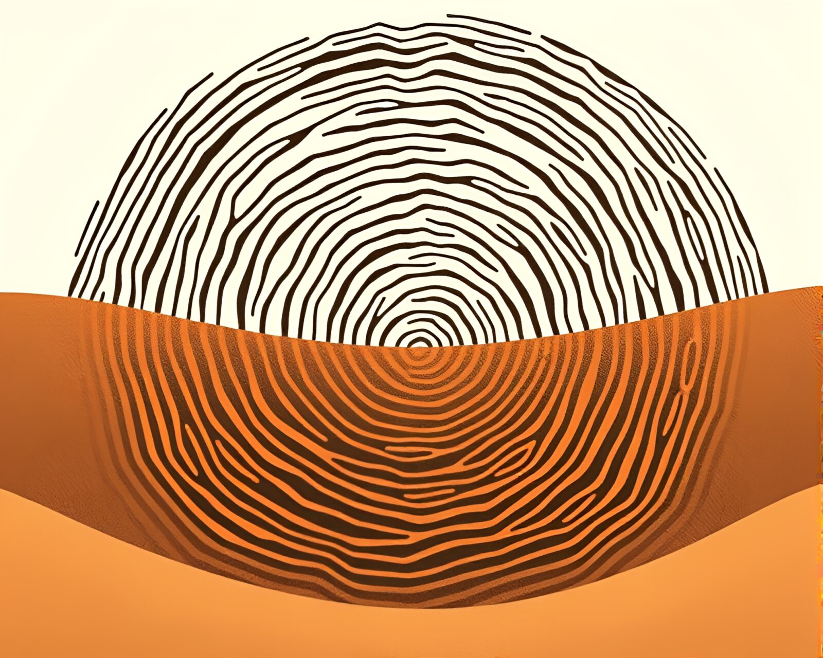 Woodcut print of tree rings in sand dune setting