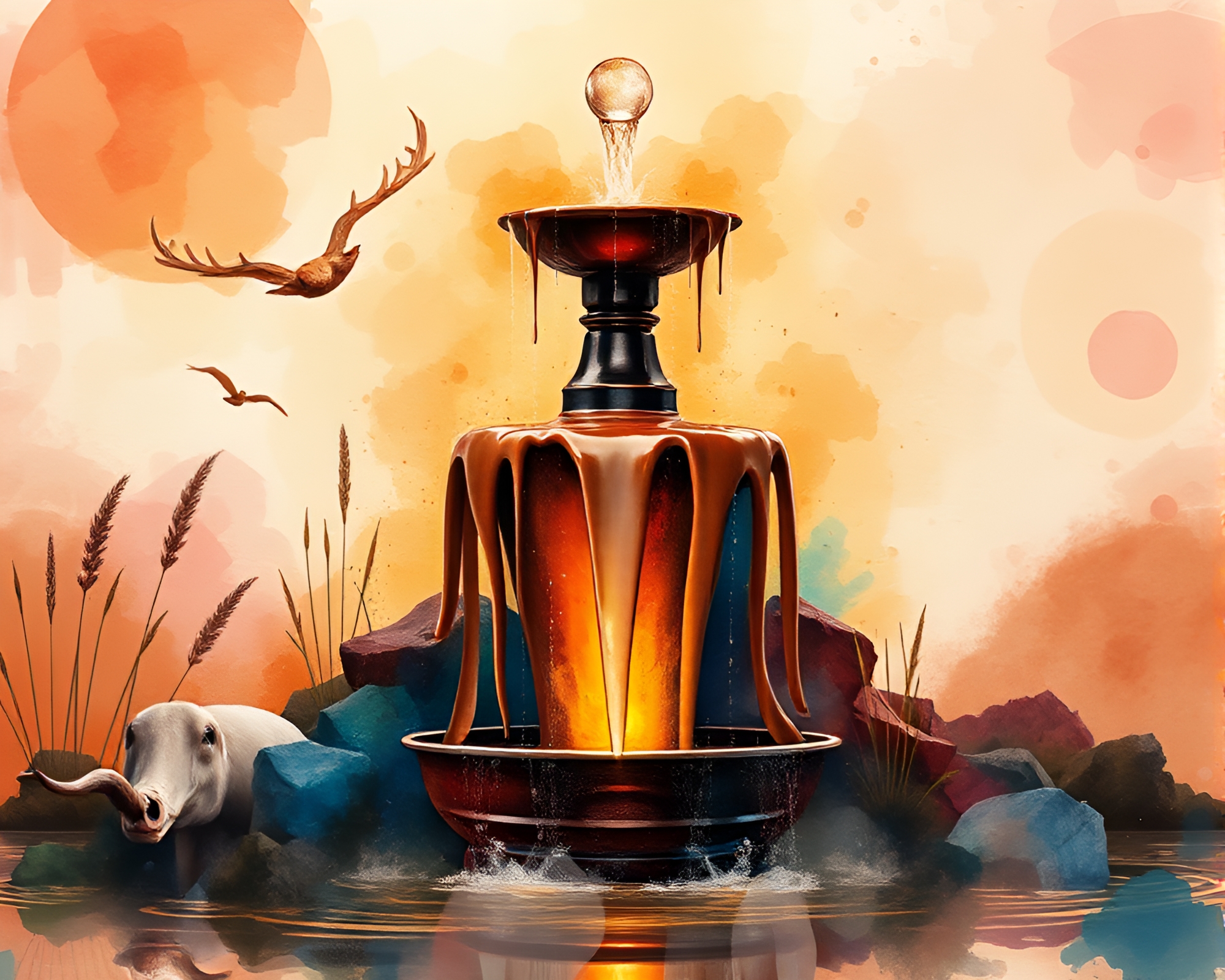 Wildlife Chocolate Fountain Amid Glitch Colors – free AI stock image