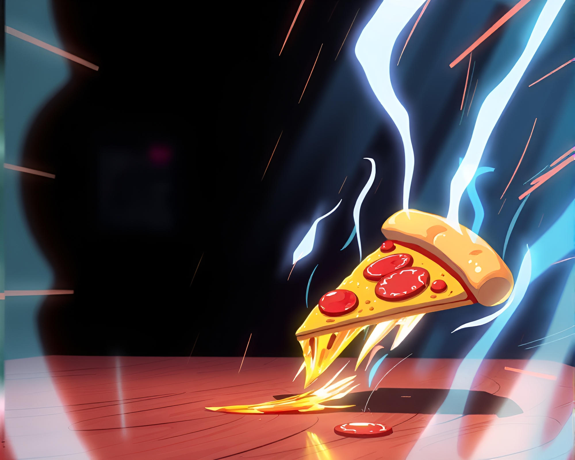 Anime Pizza Slice in Dramatic Dutch Angle Lighting – free AI stock image