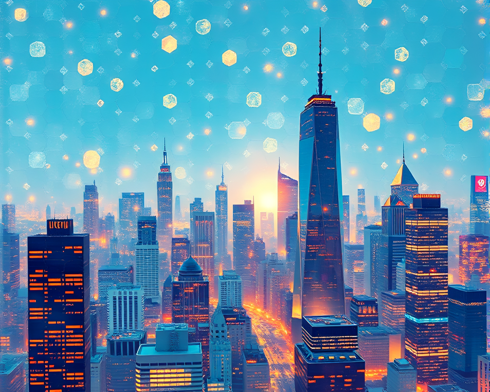 Futuristic Cityscape with Hexagonal Tiling and Calligraphy Style – free AI stock image