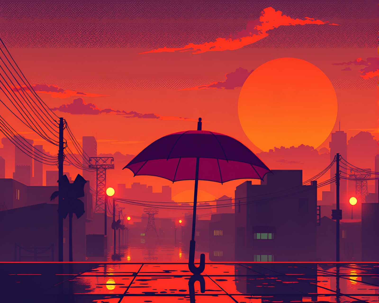 Illustration of pixelated umbrella in cyberpunk sunset scene