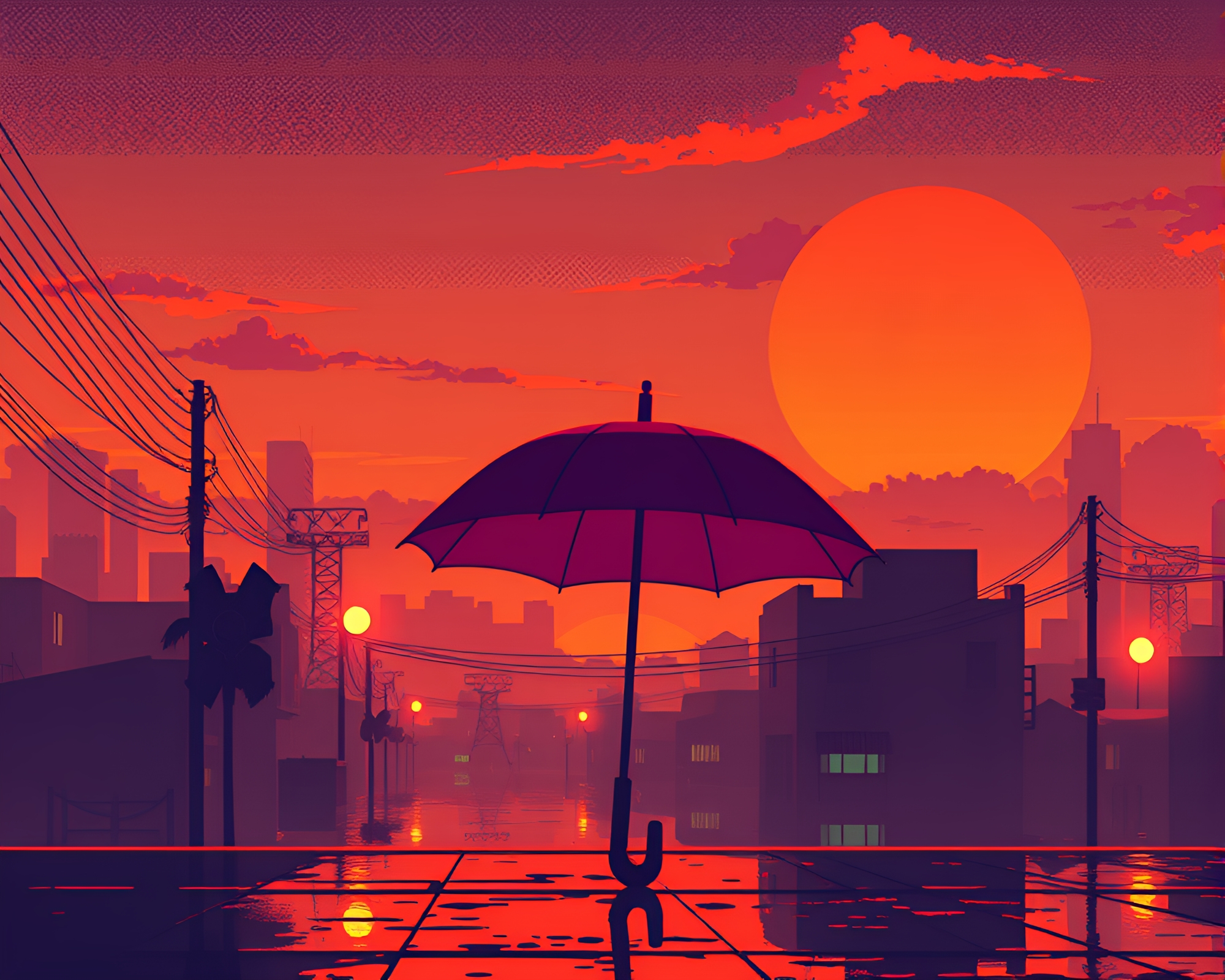 Cyberpunk Sunset with Pixelated Umbrella – free AI stock image