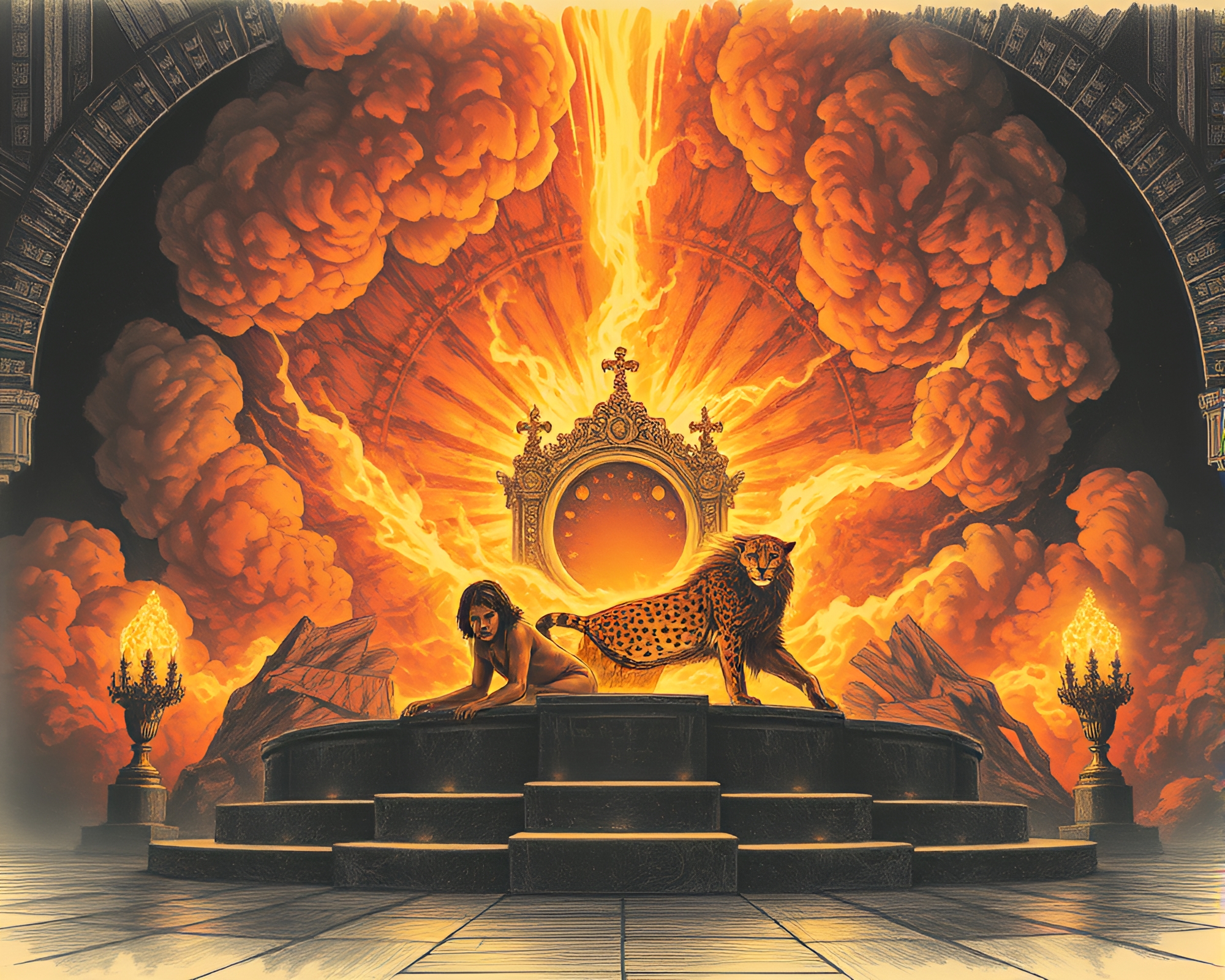 Fiery Cheetah King in Etched Throne Room – free AI stock image
