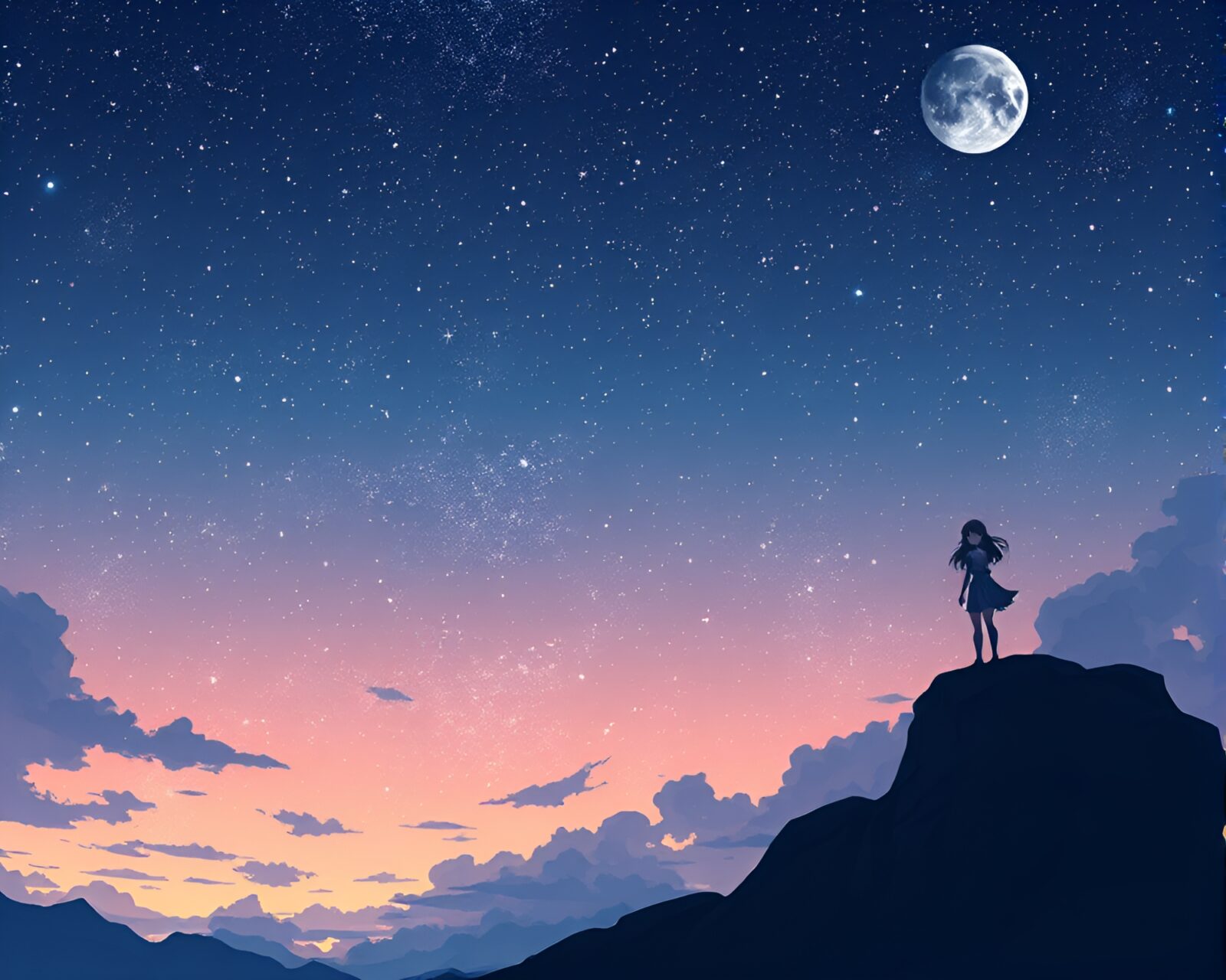 Mysterious anime-style siren under a starlit sky collage