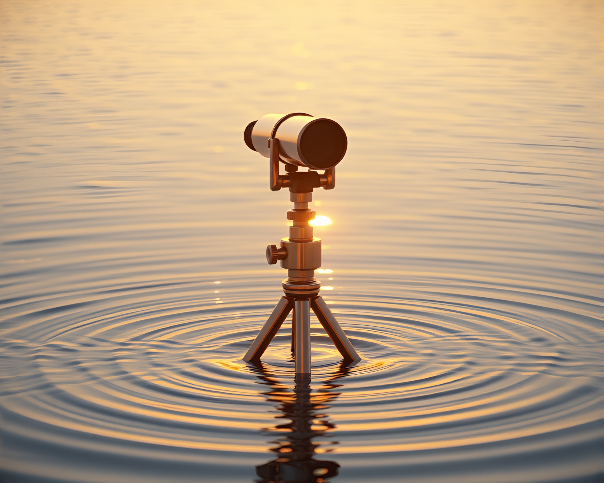 Vintage telescope at morning by water’s golden reflection – free AI stock image