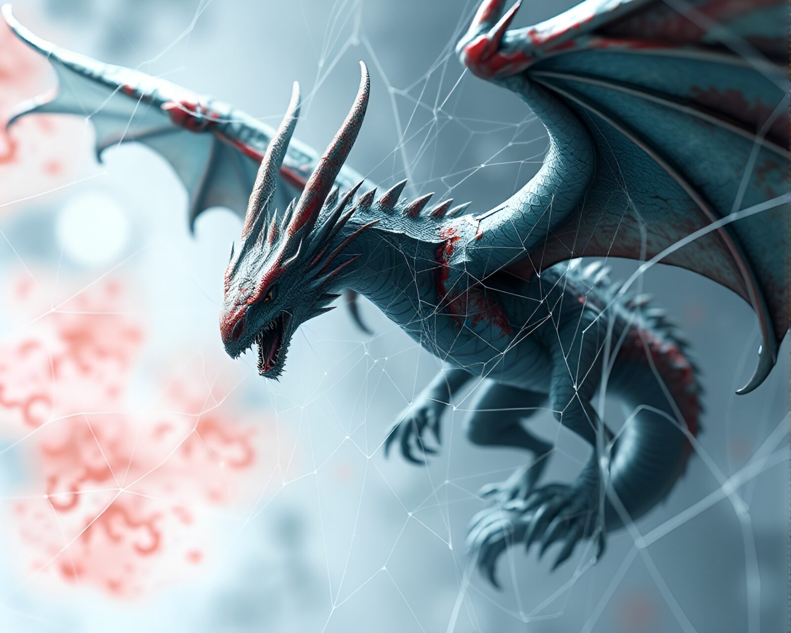 Dragon in high-poly 3D render on watercolor cobweb background