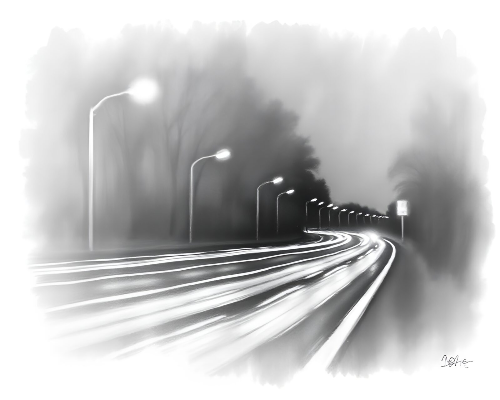 Monochrome green porcelain doll surrounded by car light trails