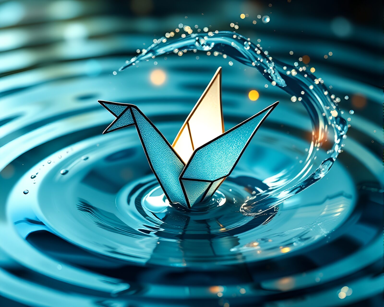 Whimsical origami crane surrounded by colorful swirling water