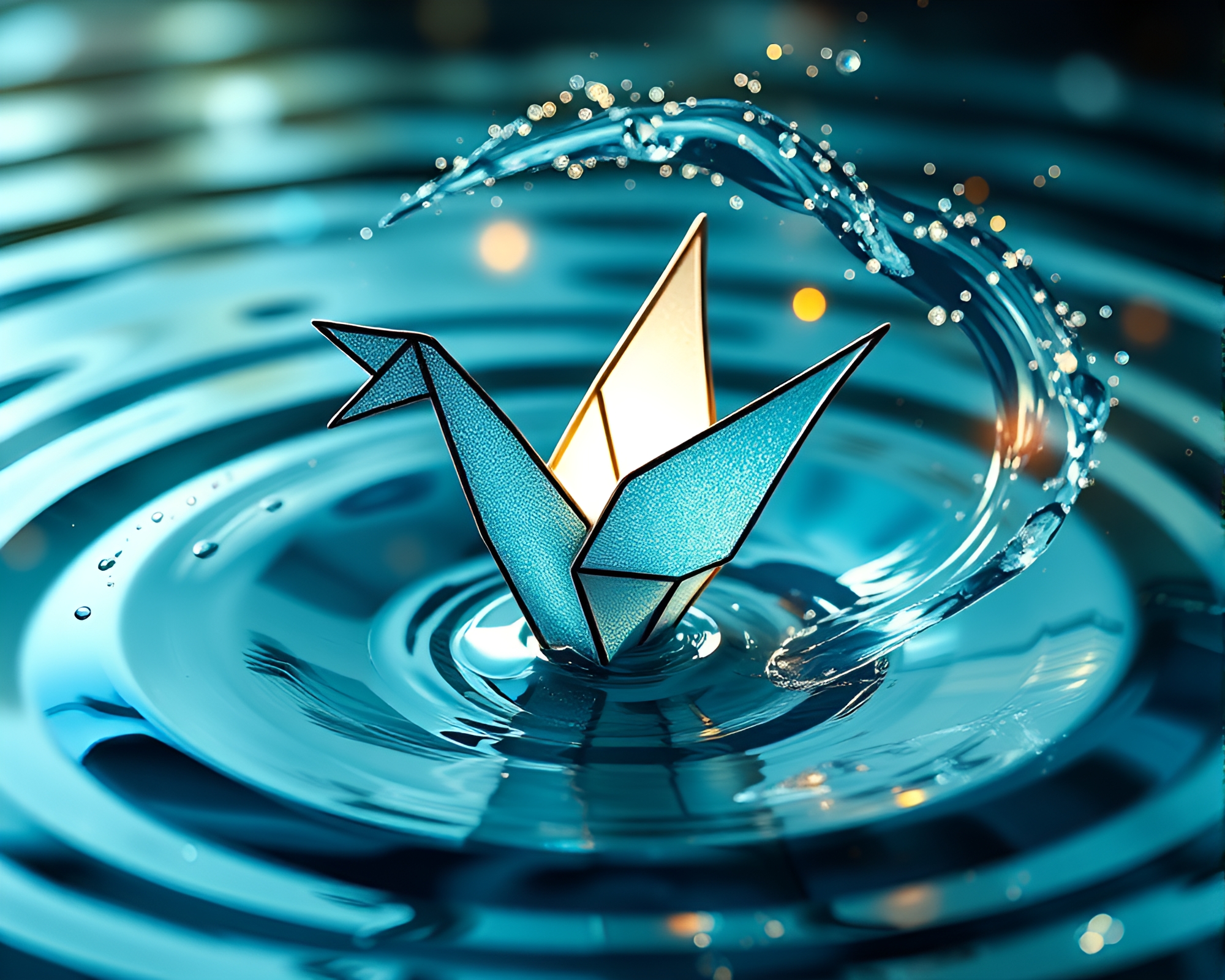 Whimsical origami crane surrounded by colorful swirling water