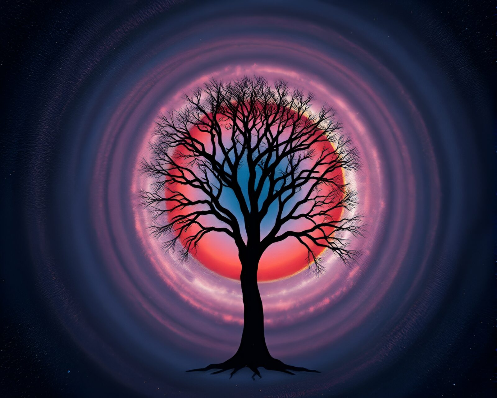 Surreal satellite image of intricate tree ring pattern in space dust