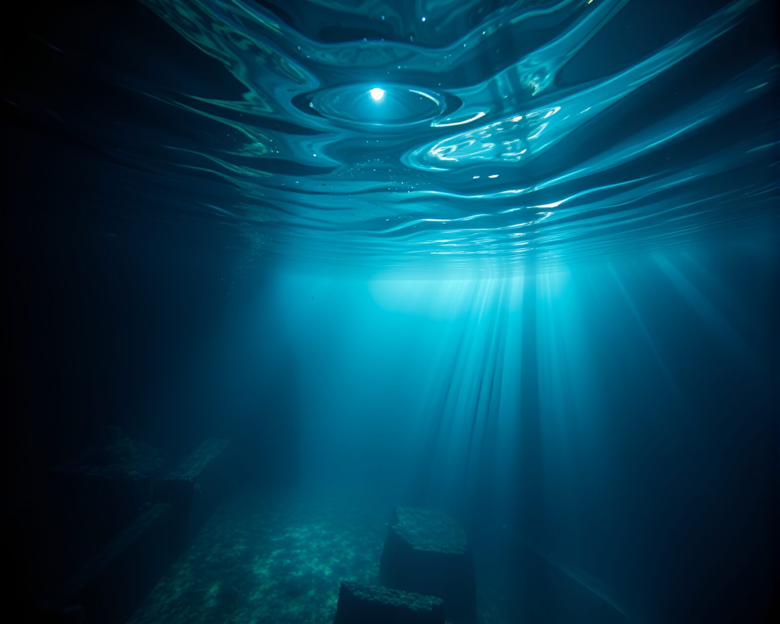 Holographic underwater submarine glowing in cool dawn light