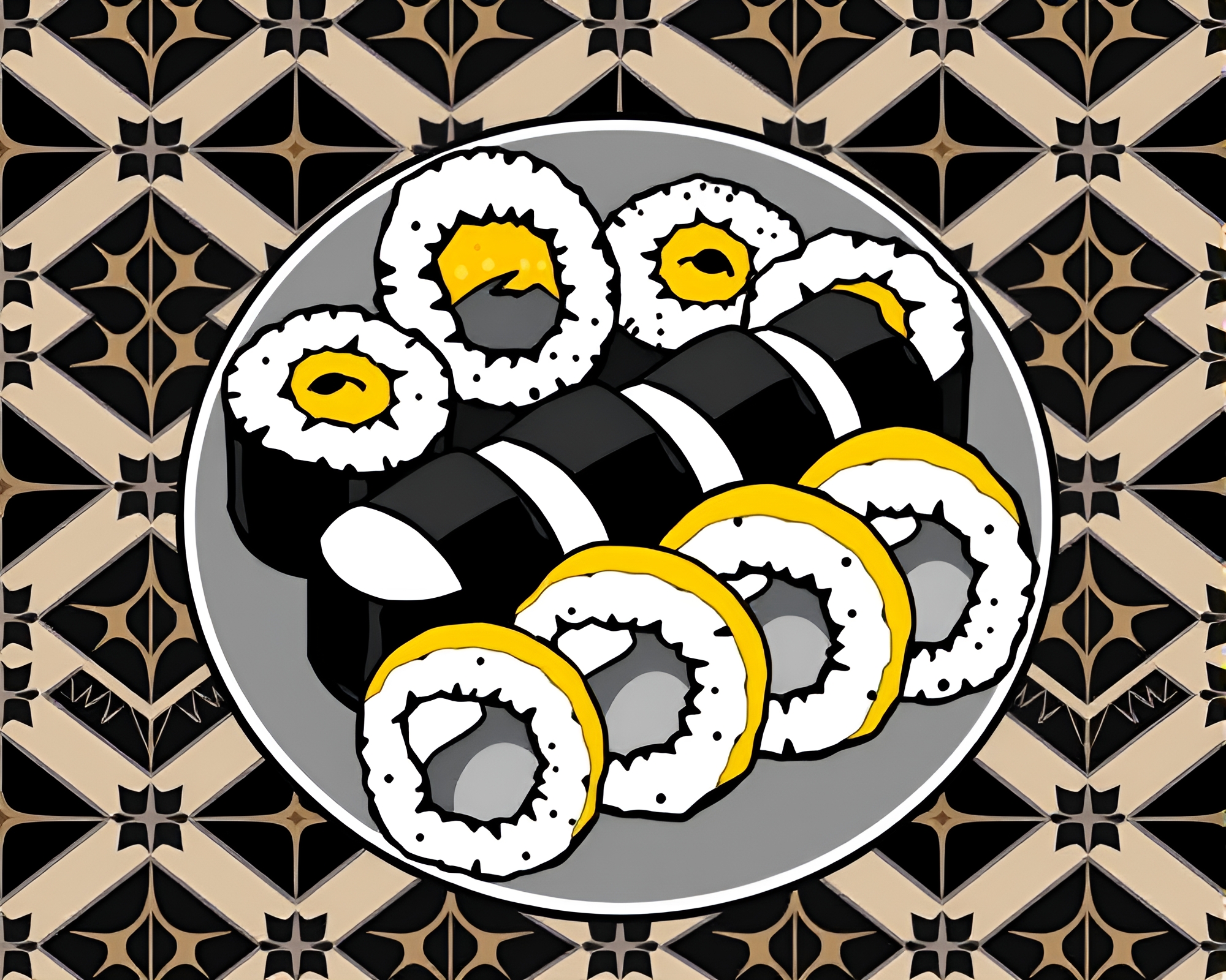 Sushi Pattern Elegance in Monochrome Yellow Cartoon Style – free AI stock image