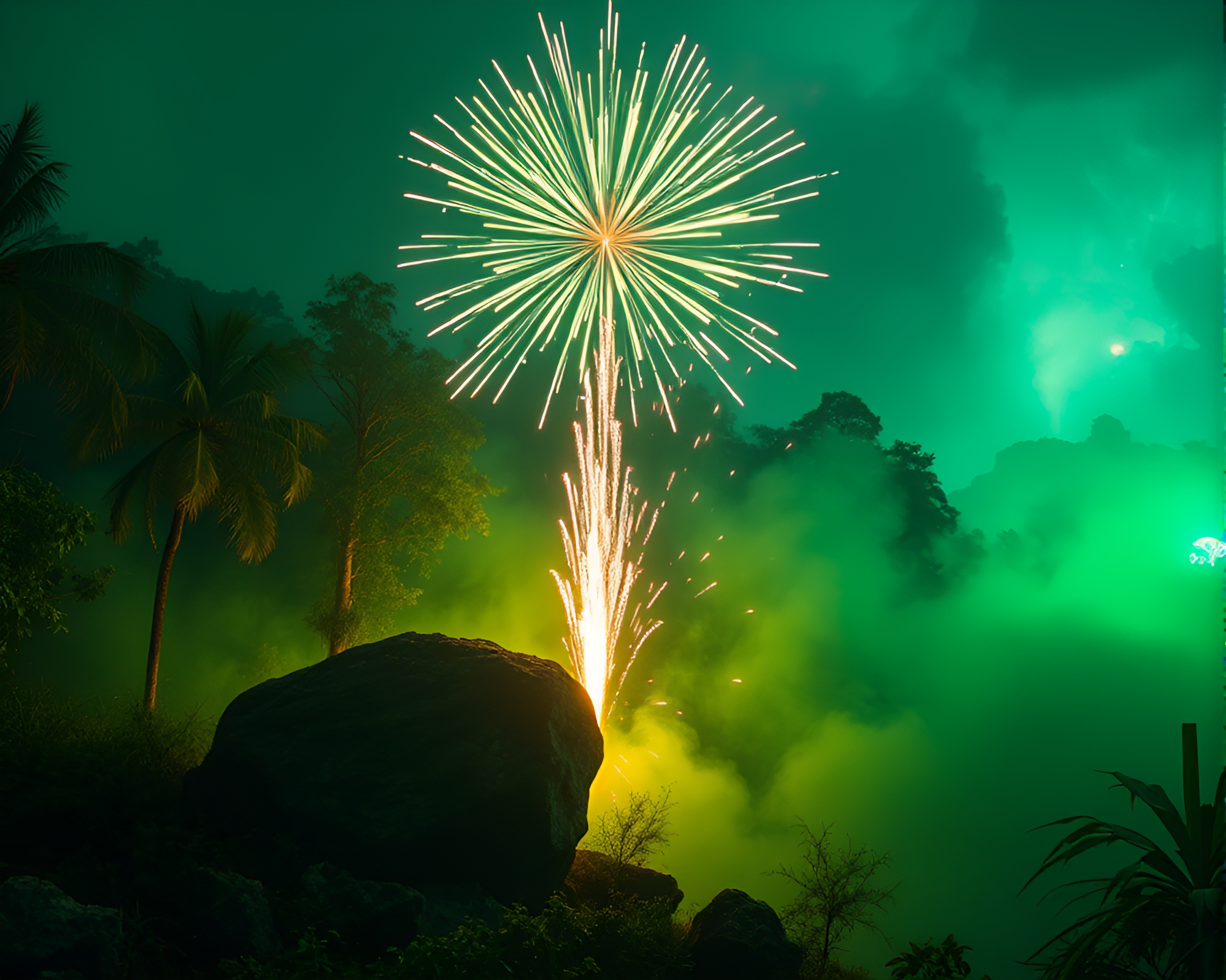 Enchanting Rune Stone with Fireworks in Rainforest Glow – free AI stock image