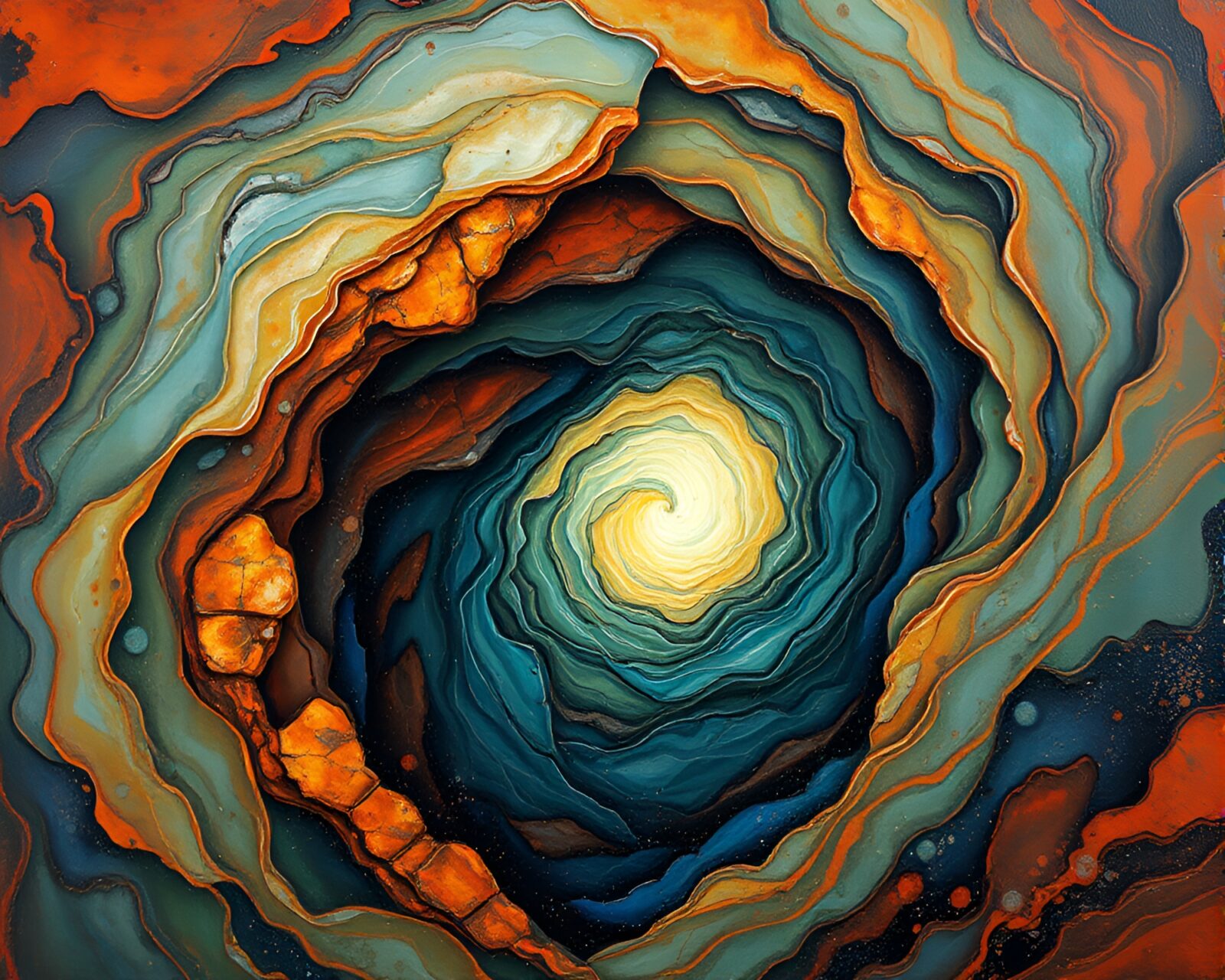 Swirling vortex of rust-toned Murano glass in gouache art