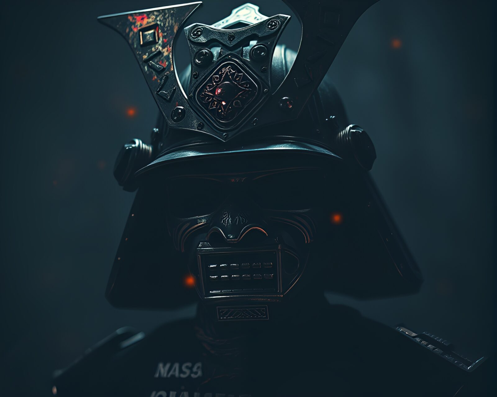 Desaturated gloom scene with holographic specks on samurai helmet