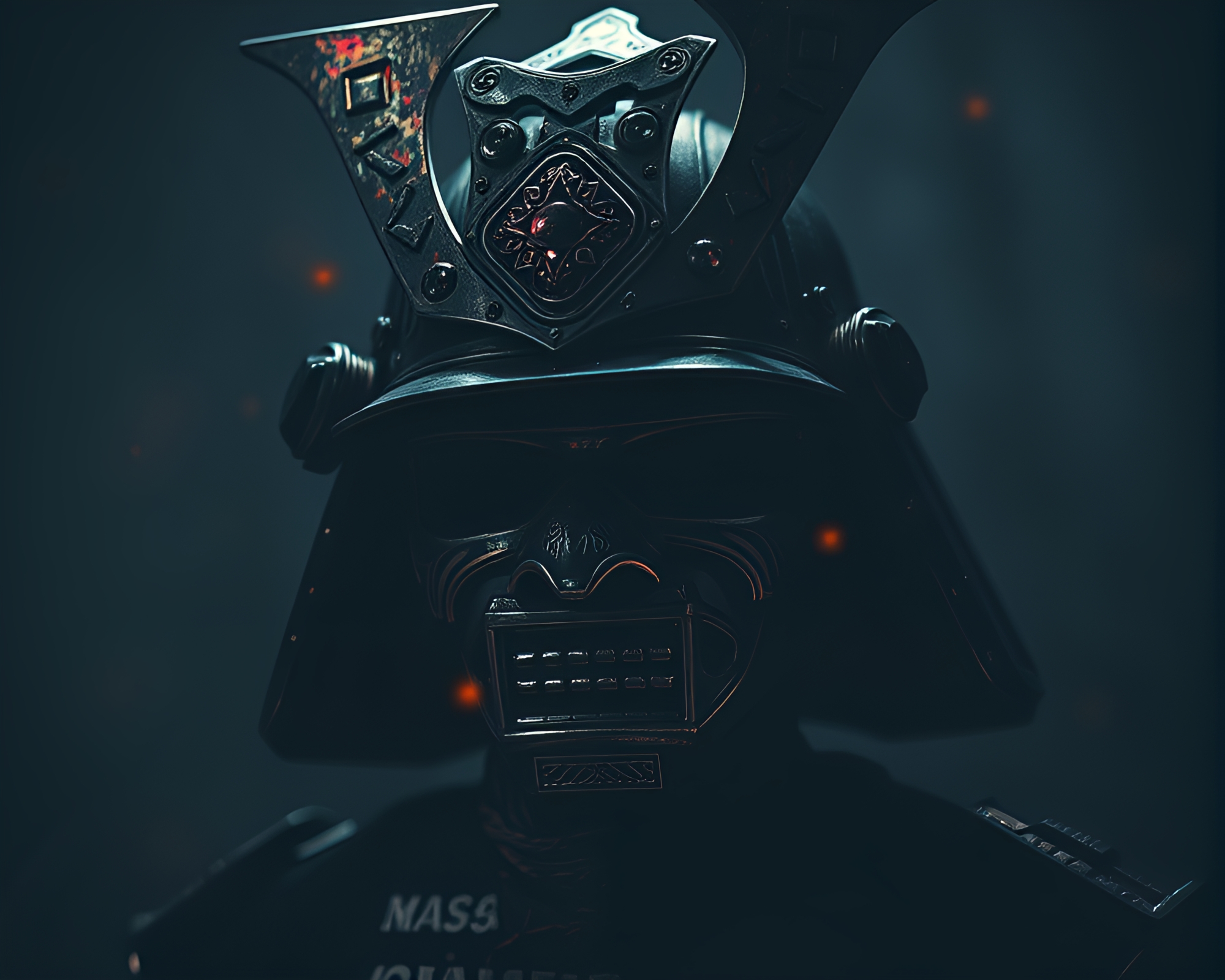 Samurai Helmet Hologram Specks Dark Softbox Lighting – free AI stock image