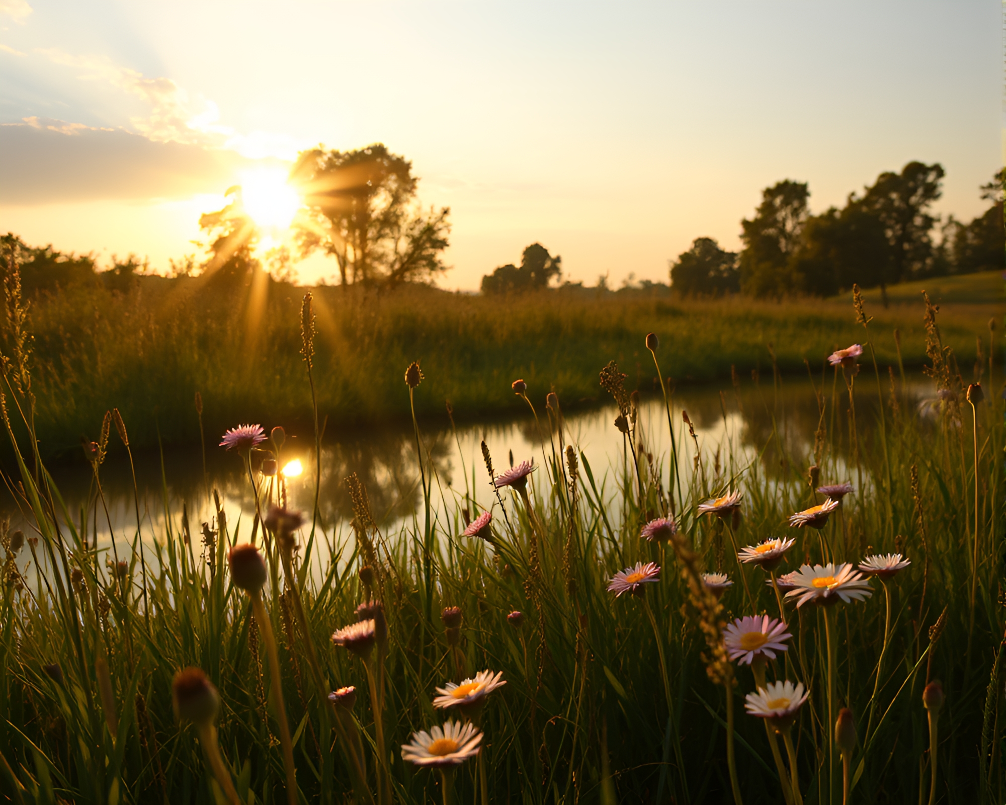 Double Reflection in Morning Meadow Study – free AI stock image