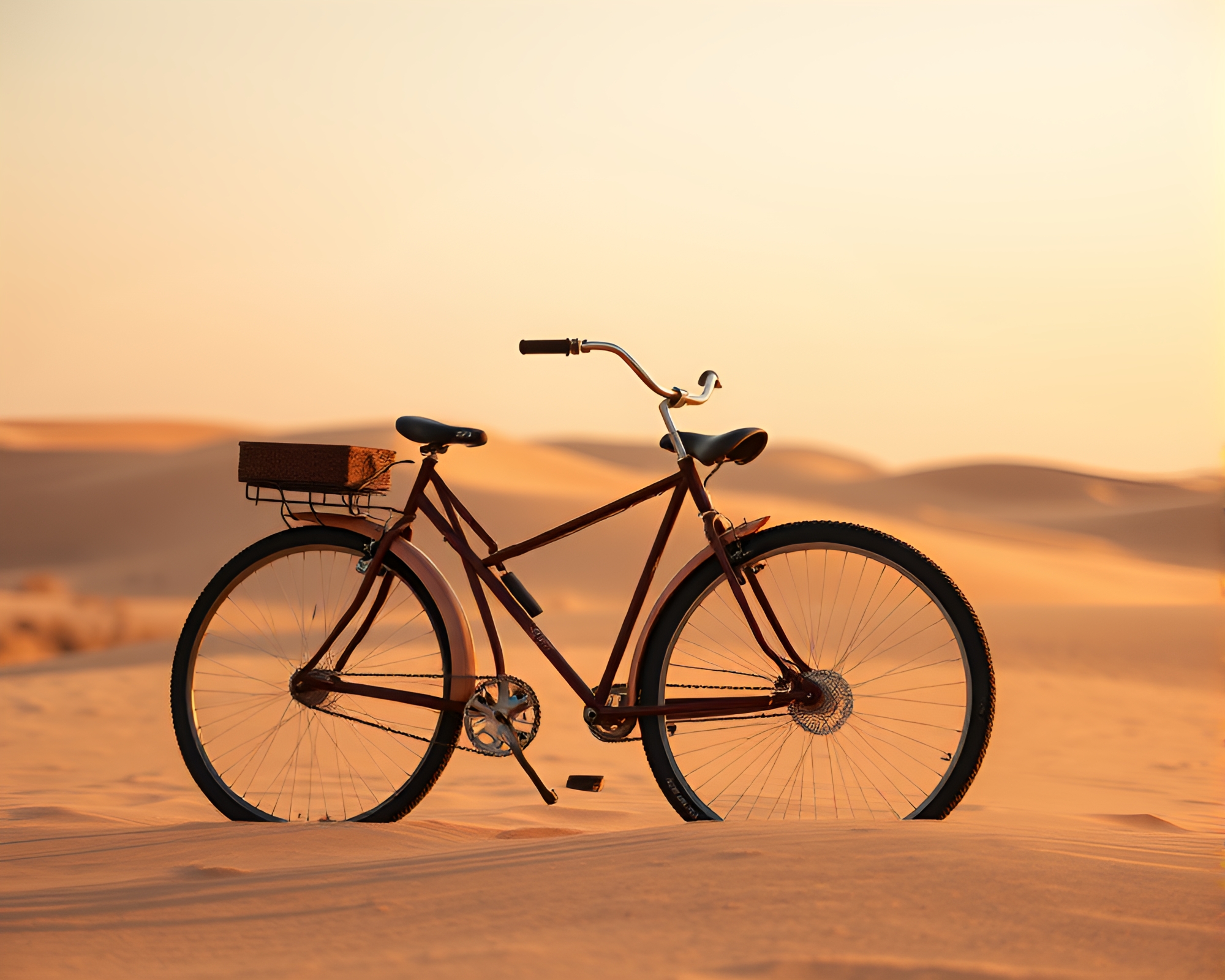 Bicycle journey through hazy desert twilight – free AI stock image