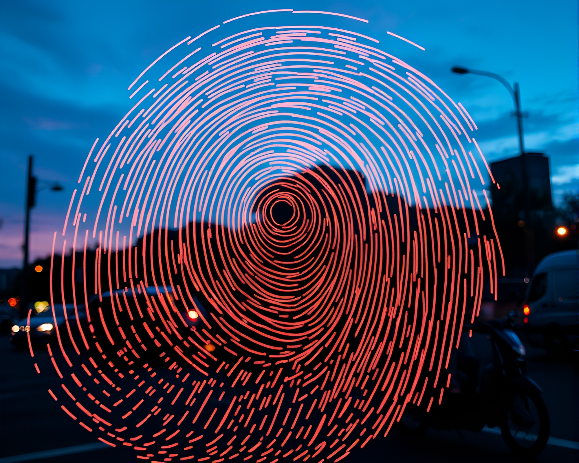 Twilight Rickshaw Ride with Fingerprint Swirl Contours – free AI stock image