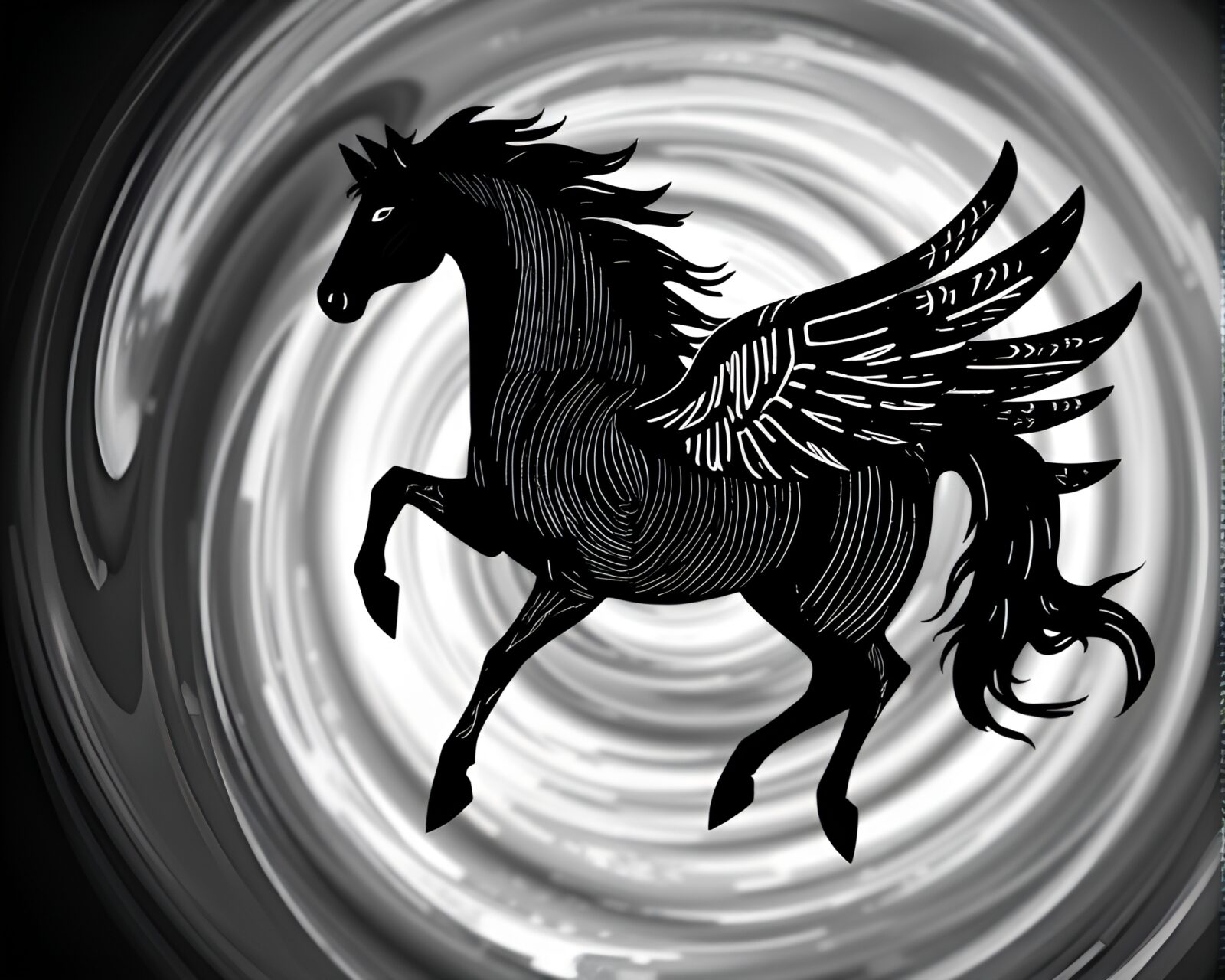 Black and white artistic portrait of Pegasus with fingerprint swirls