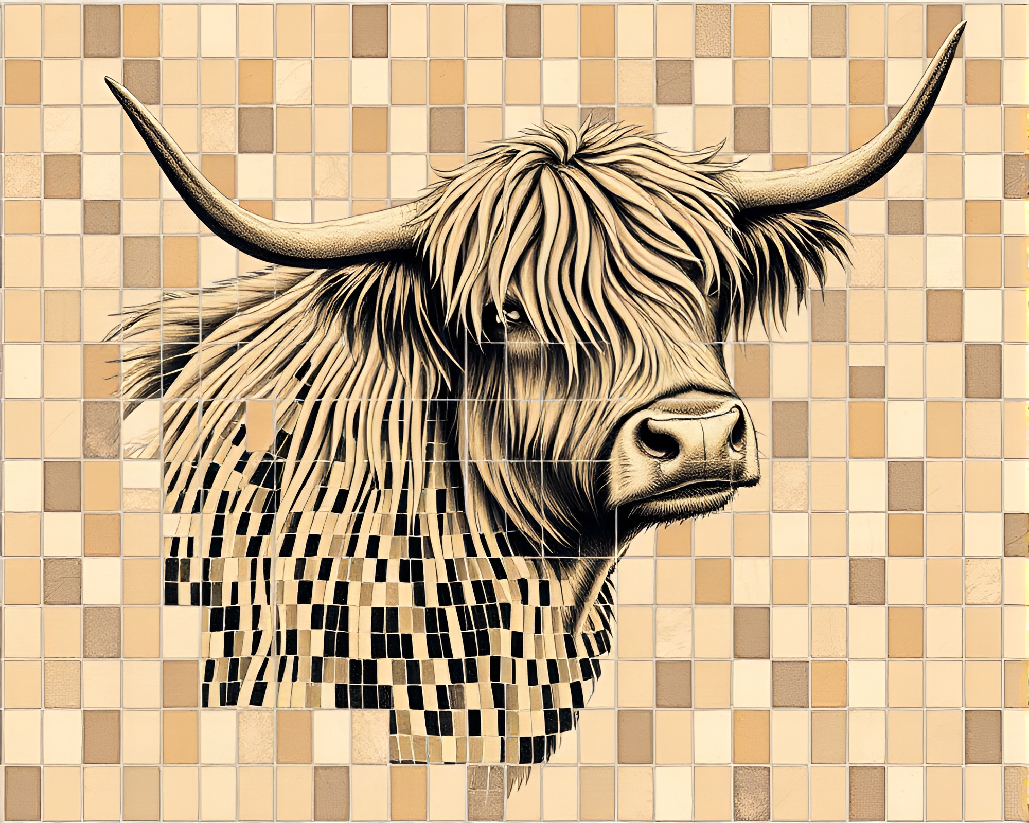 Highland Cow Wireframe Mosaic in Sepia Tones – free AI stock image