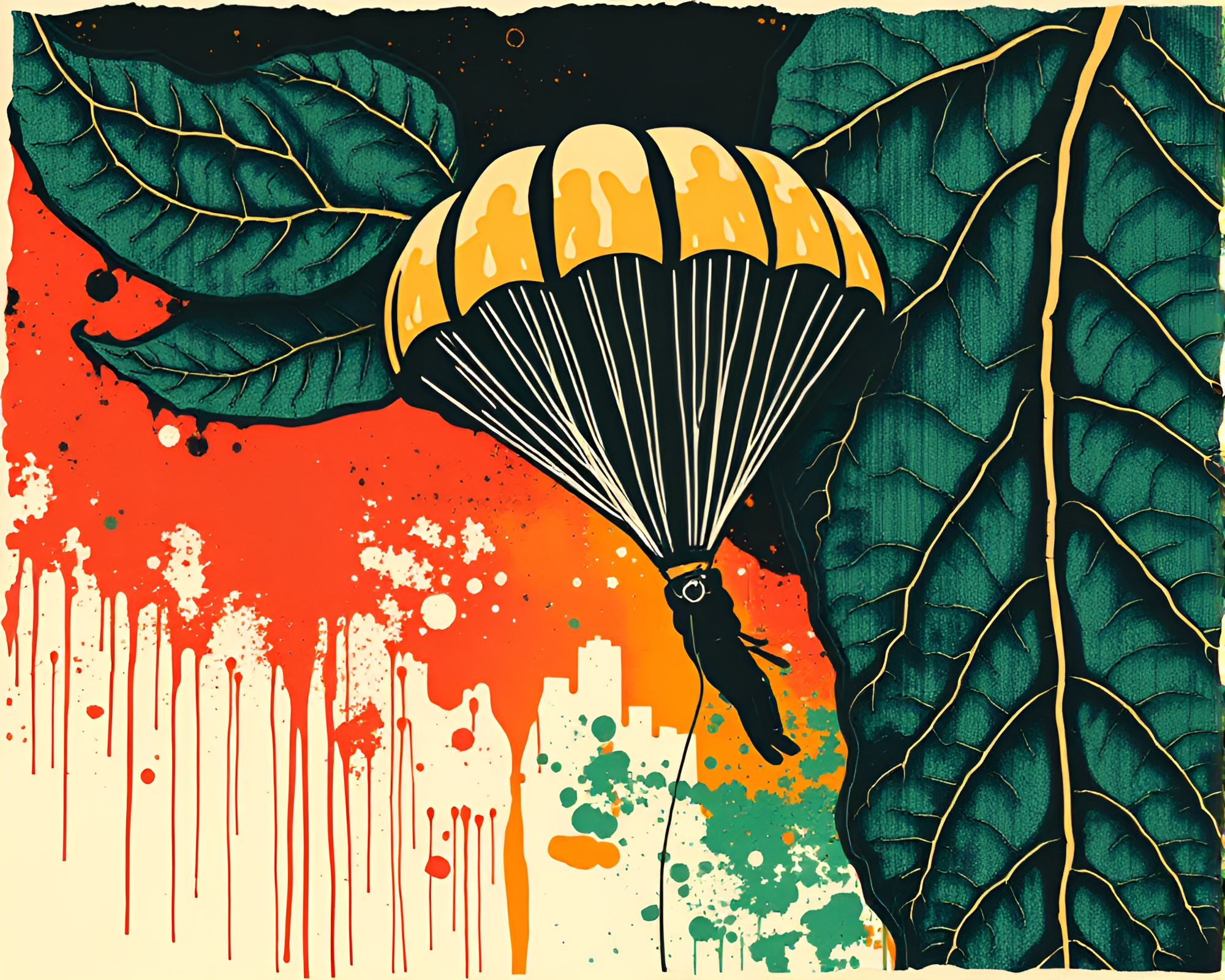 Parachute Jumper Among Intricate Leaf Vein Graffiti – free AI stock image