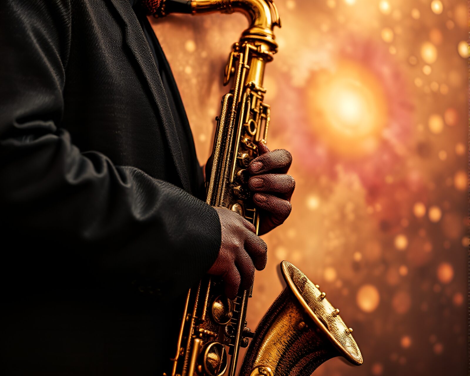 Detailed saxophone with cosmic rainbow colors on sepia background
