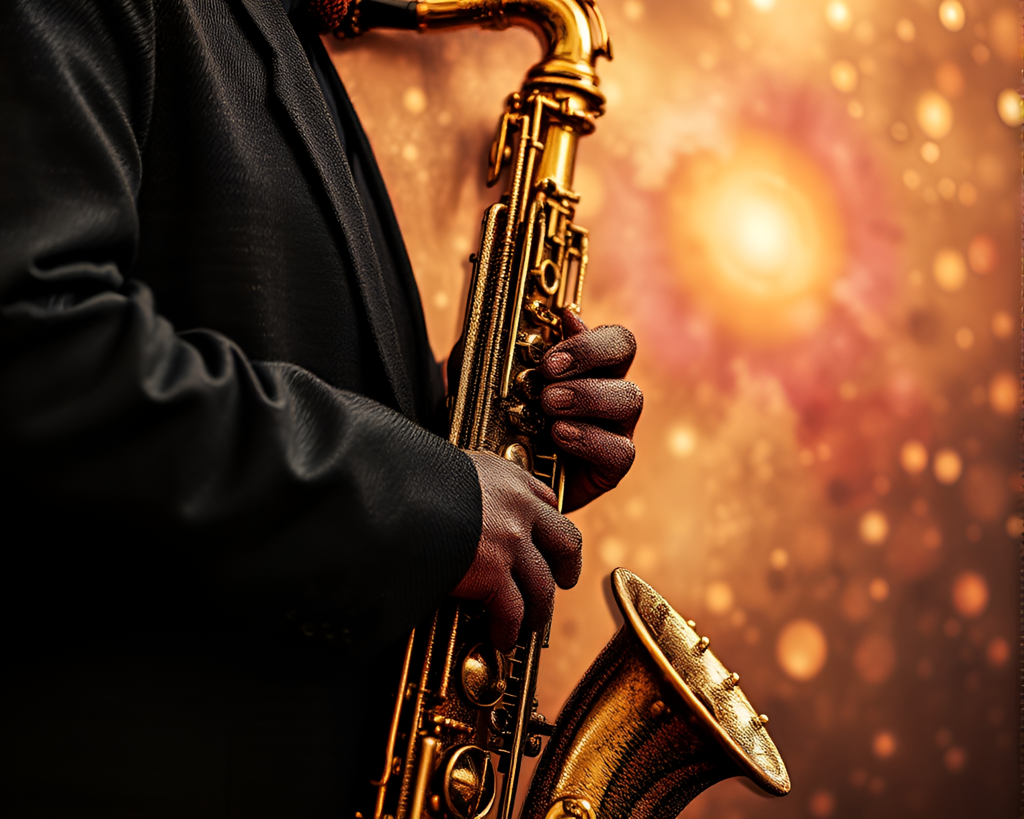 Embroidered Cosmic Saxophone in Sepia Tone Composition – free AI stock image