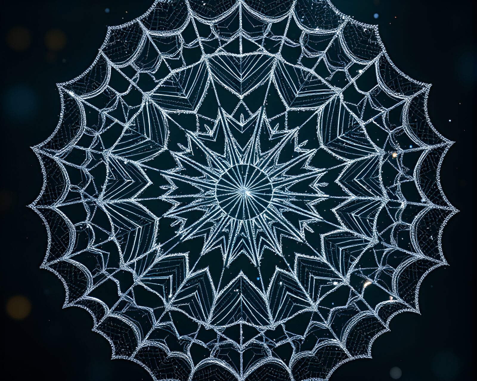 Intricate 3D mandala with shimmering cobweb strands in glitter