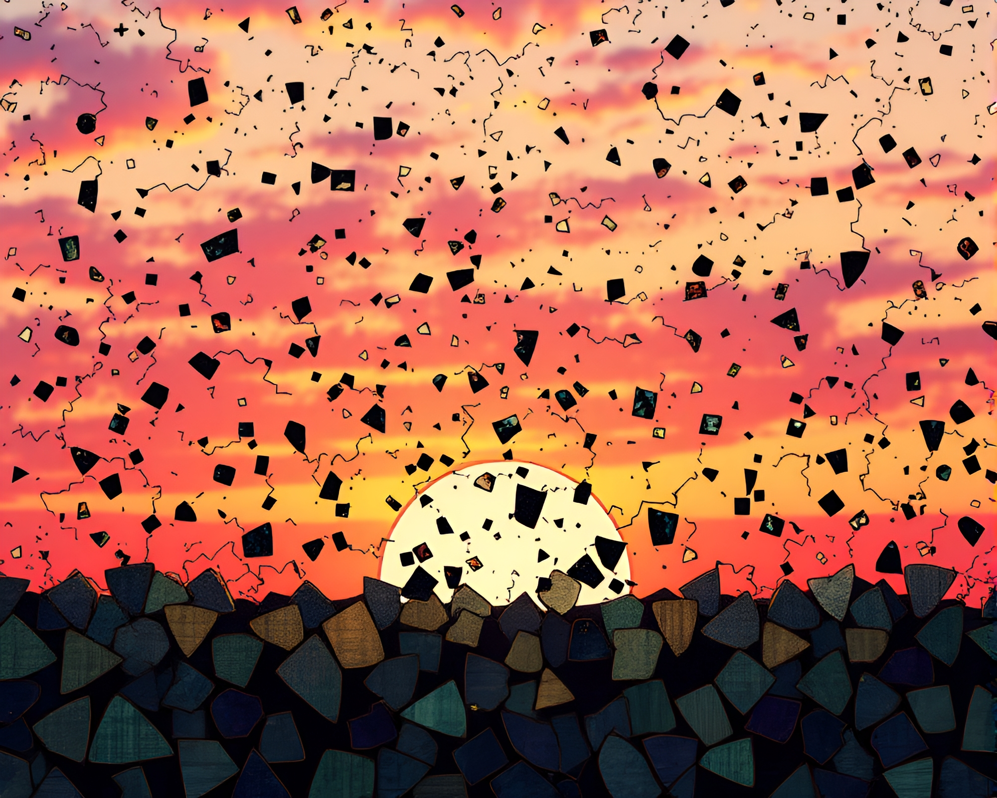 Vaporwave Sunset Reflected in Broken Mosaic Fragments – free AI stock image