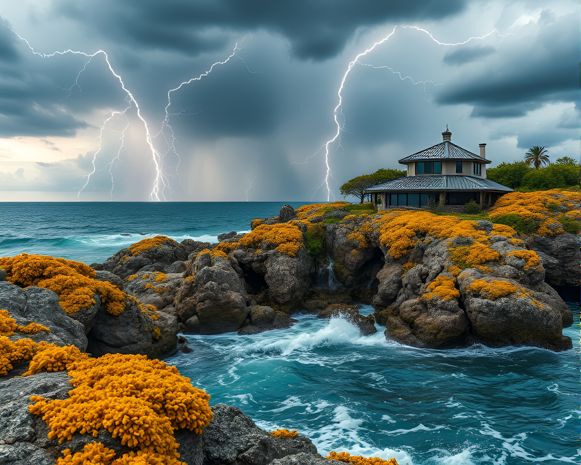 Golden Savannah Thunderstorm: Lichen Textured Architectural Vision – free AI stock image