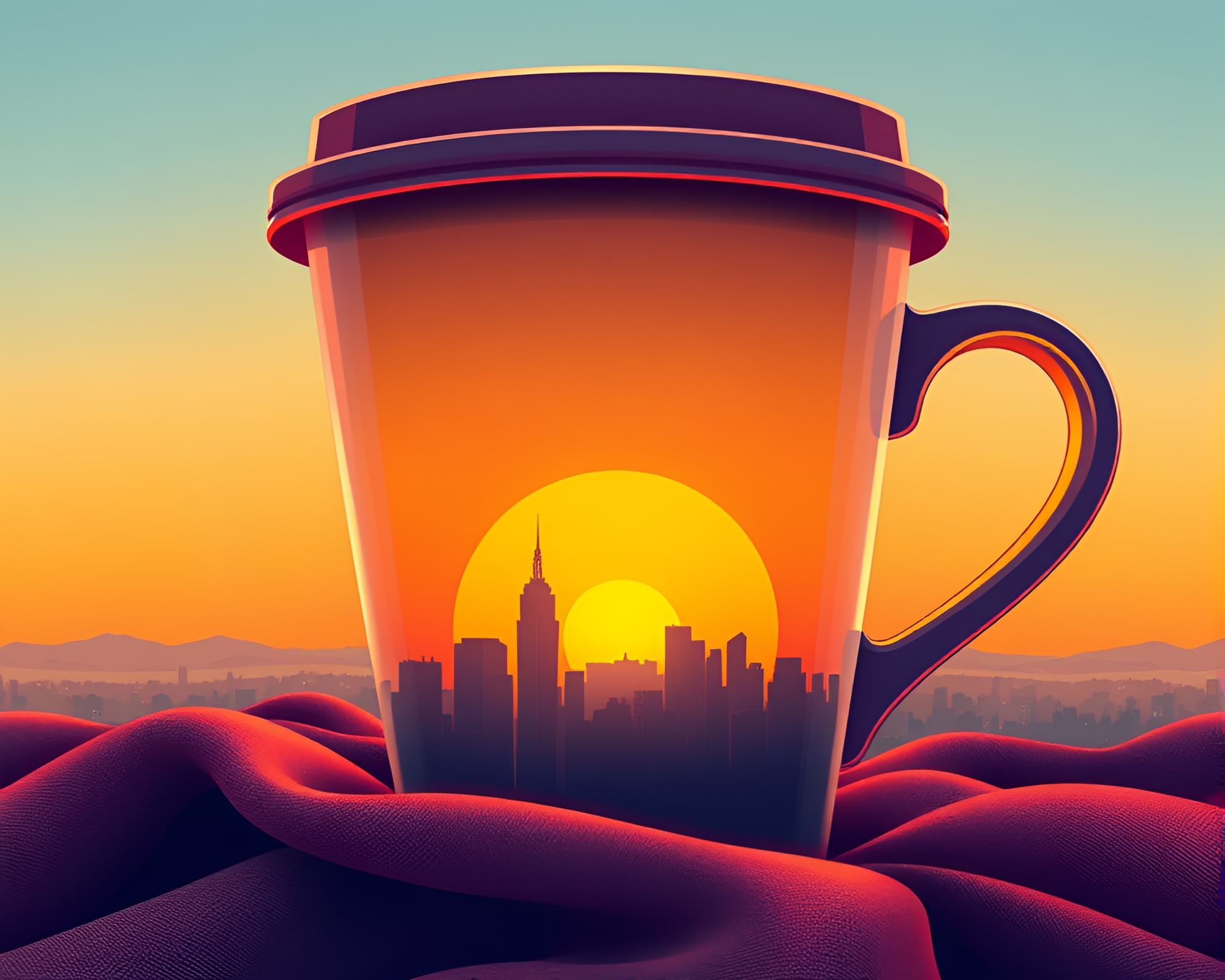 Futuristic Coffee Cup Over Sunset Skyline Fabric Folds – free AI stock image
