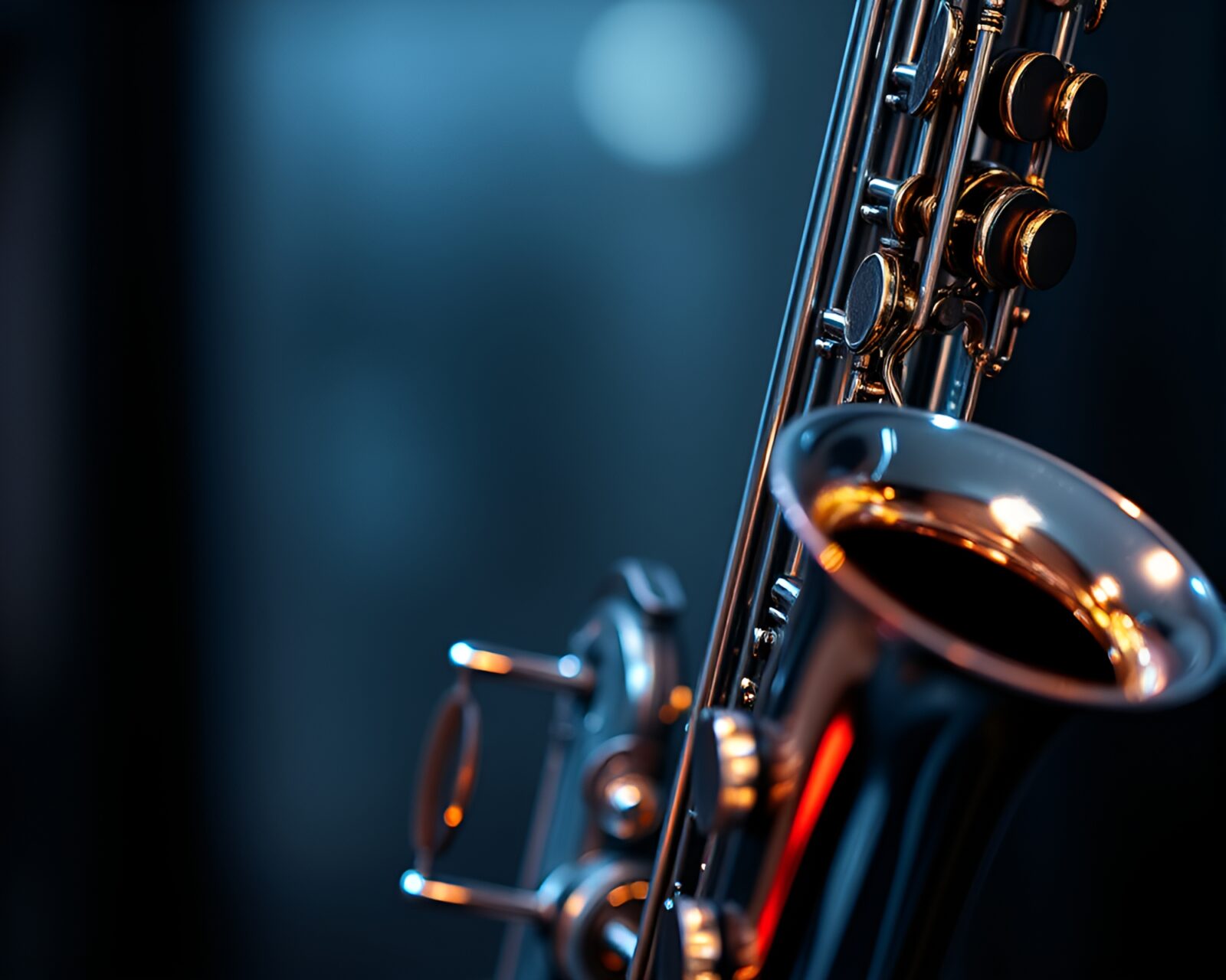 Gleaming saxophone reflecting rainbow lights in futuristic setting