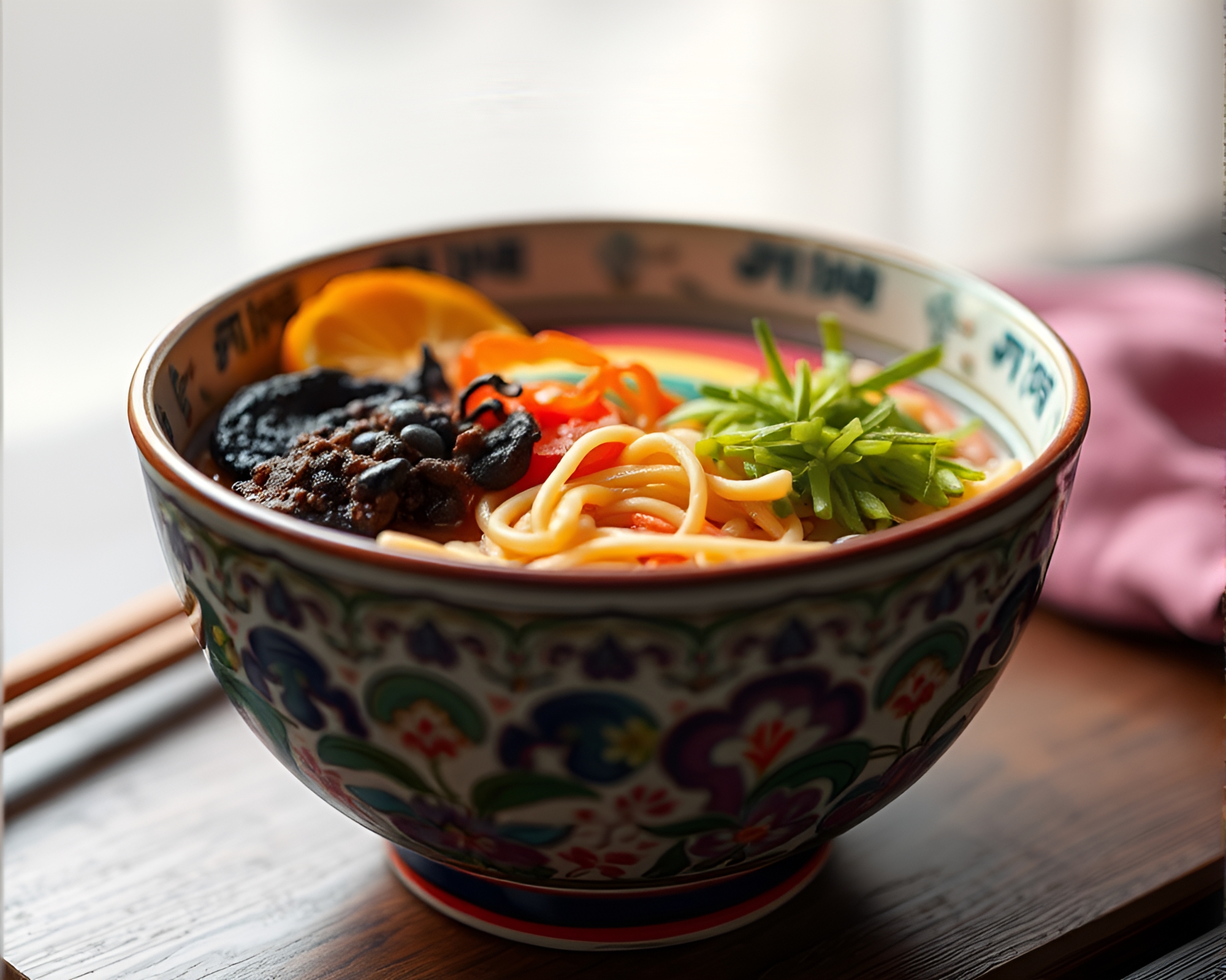 Ramen Bowl Embroidered with Rainbow Spectrum in Soft Focus – free AI stock image