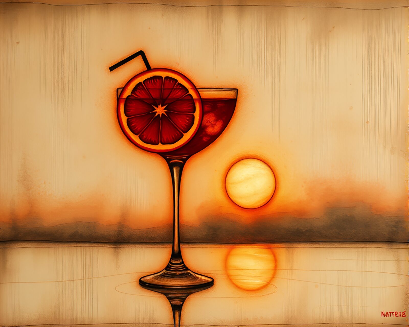 A haunting sgraffito etching of a blood orange cocktail in dawn mist